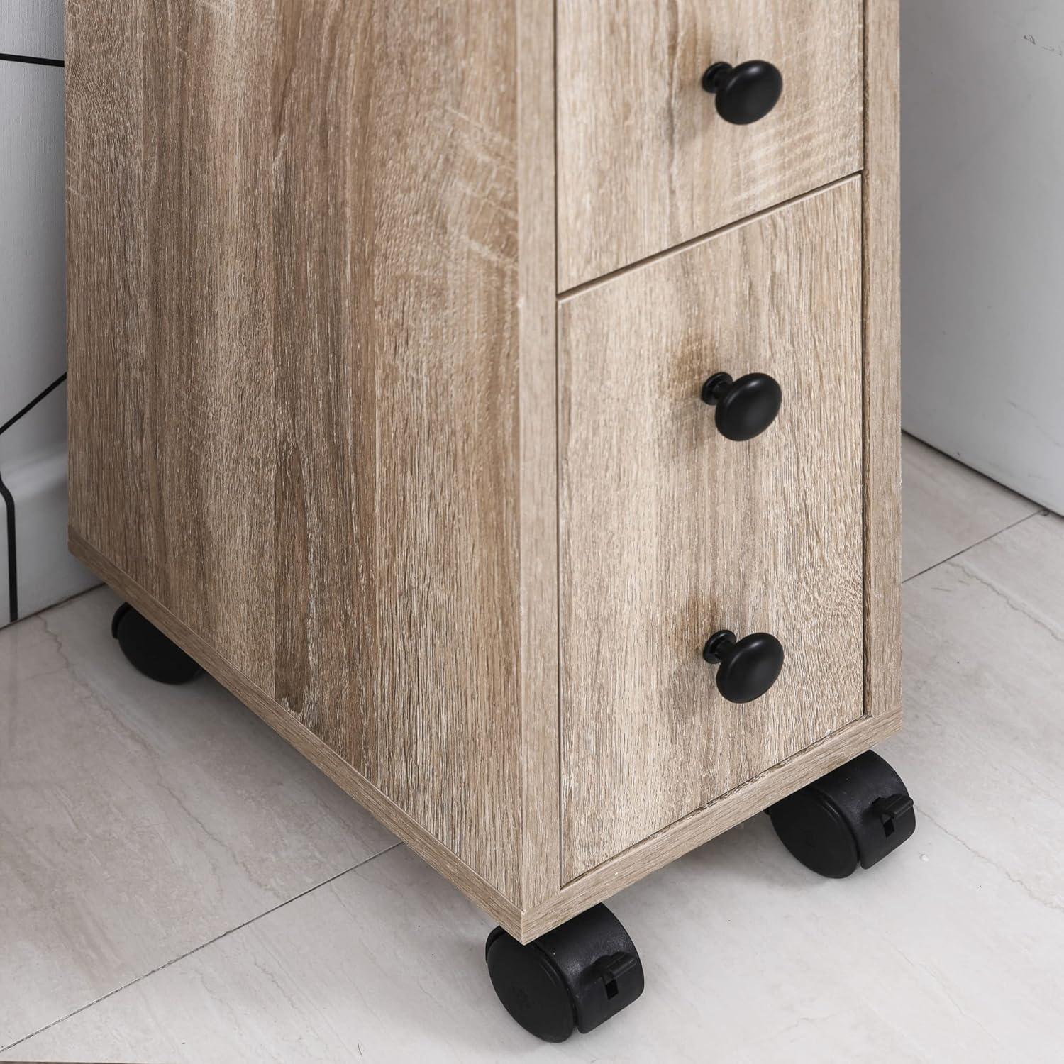 kleankin Freestanding Compact Design Bathroom Cabinet with 2 Open Cabinets, 1 Door Cabinet, 1 Drawer and 4 Rolling Wheels, Oak Grain Color