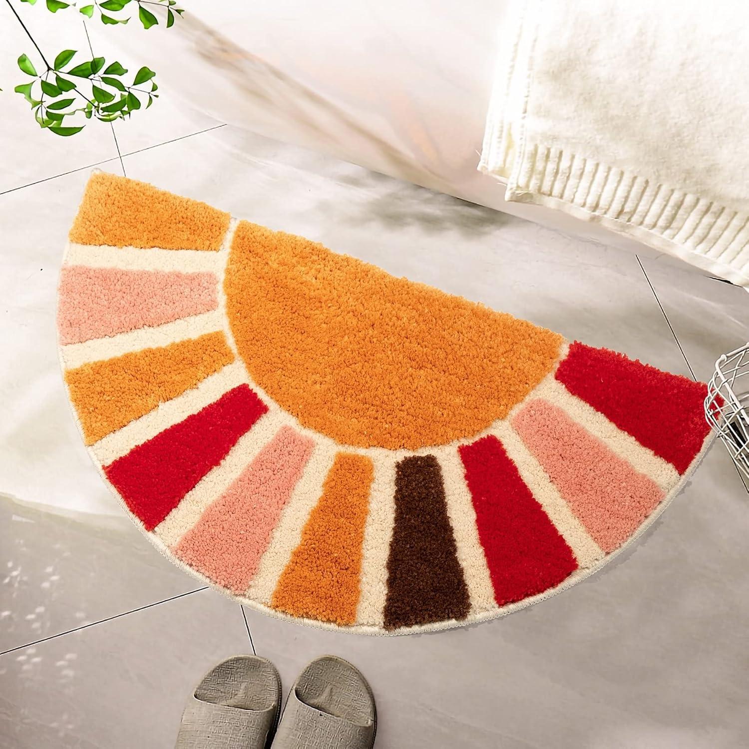 Boho Bathroom Rugs Half Circle Bath Mat Cute Bohemian Bath Rug for Bedroom Small Carpet Home Decor Non-Slip Semi Round Shower Rug Funny Washable Indoor Floor Door Mat Sun Retro 16x30inch