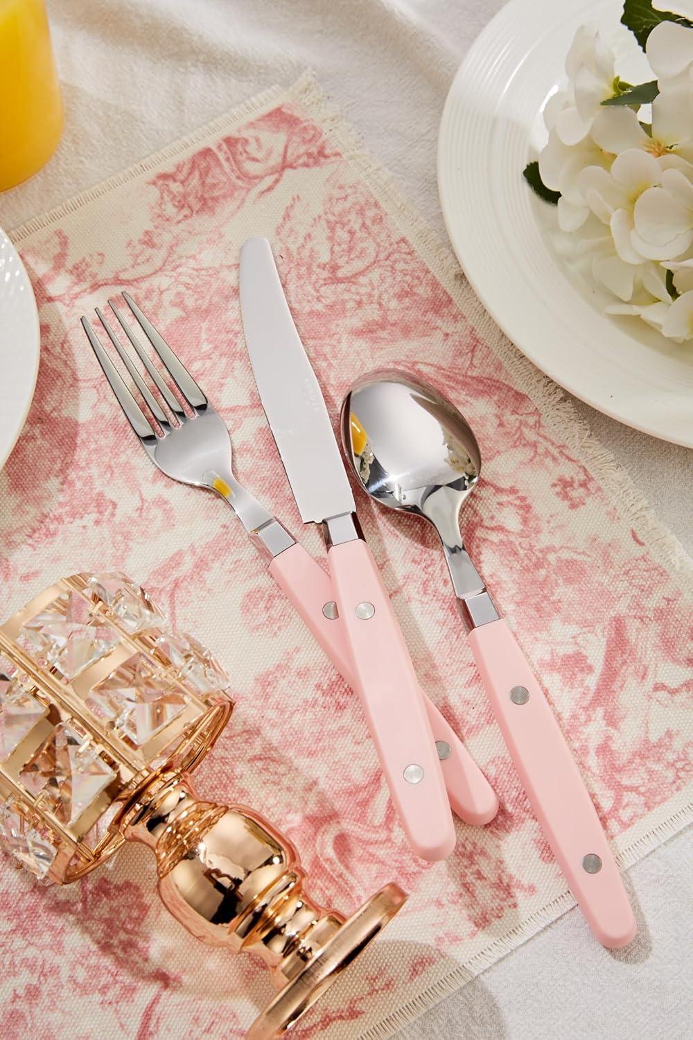ANNOVA Silverware Set Stainless Steel Cutlery Color Handle With Rivet/Retro Flatware (Light Pink, 20 Pieces)