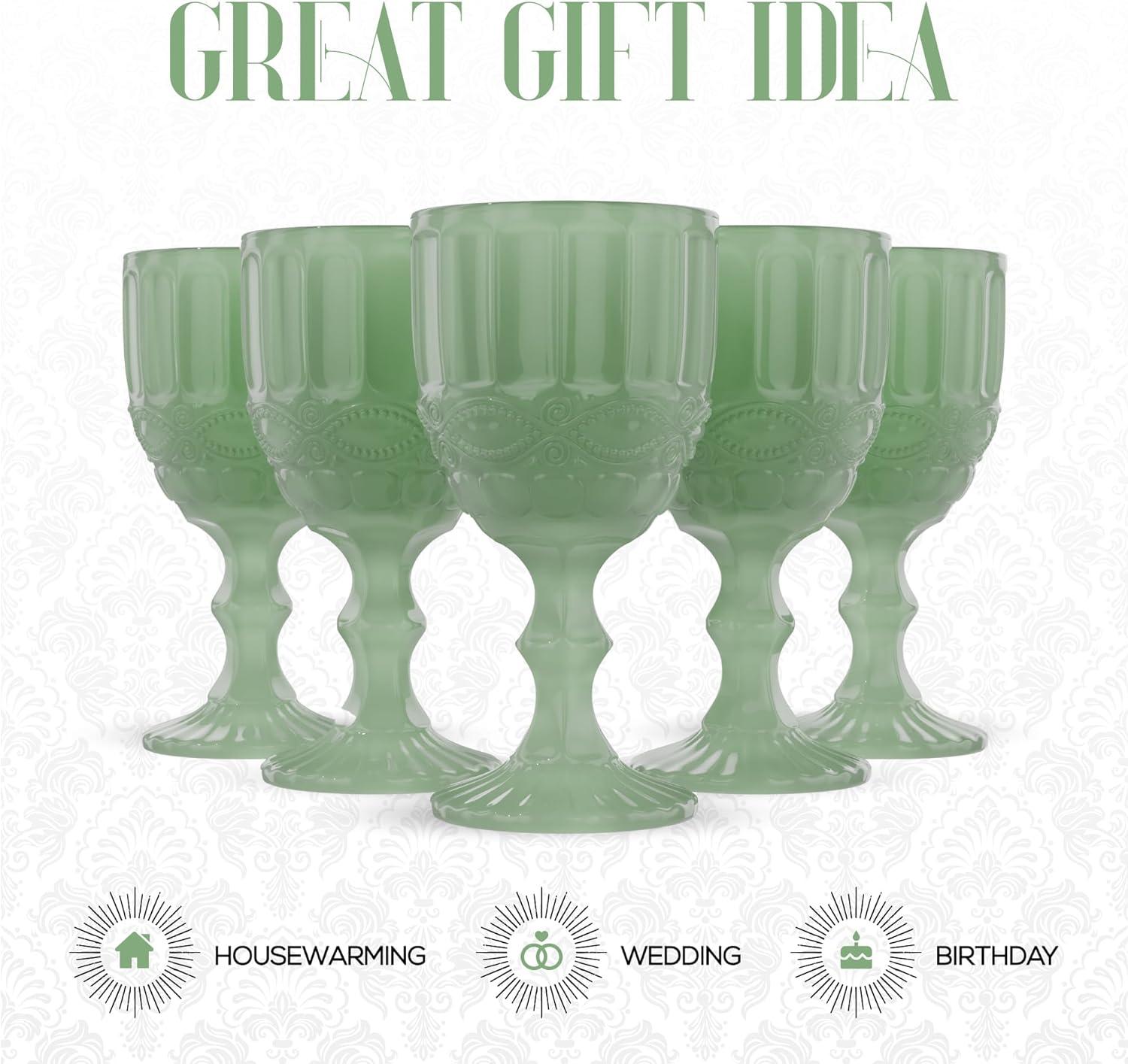 Jade Green Embossed Vintage Glass Goblets, Set of 6