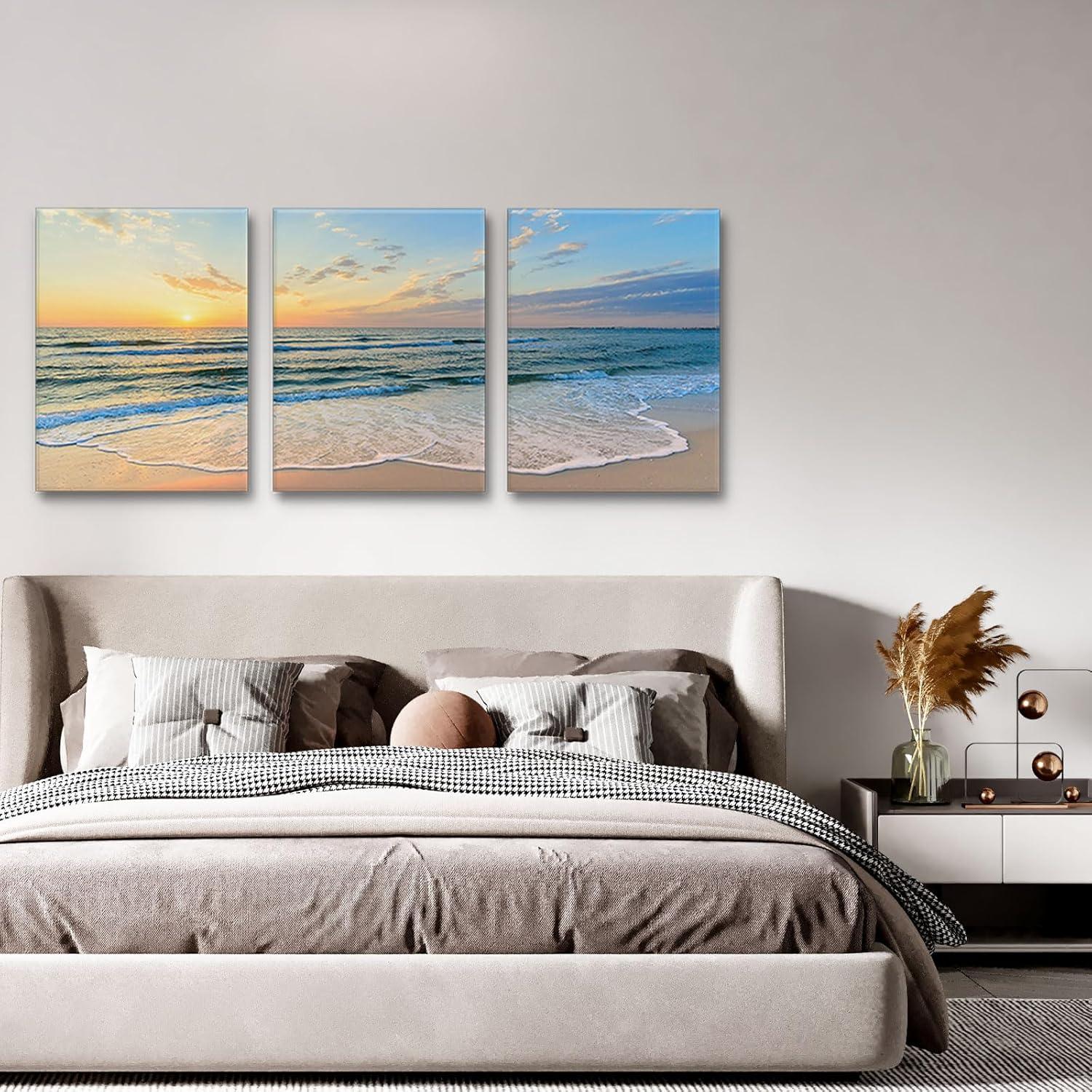 Asdg12s-3 Panel Wall Art Blue Sea Sunset White Beach Painting The Picture Print On Canvas Seascape The Pictures for Home Decor Decoration,Ready to Hang