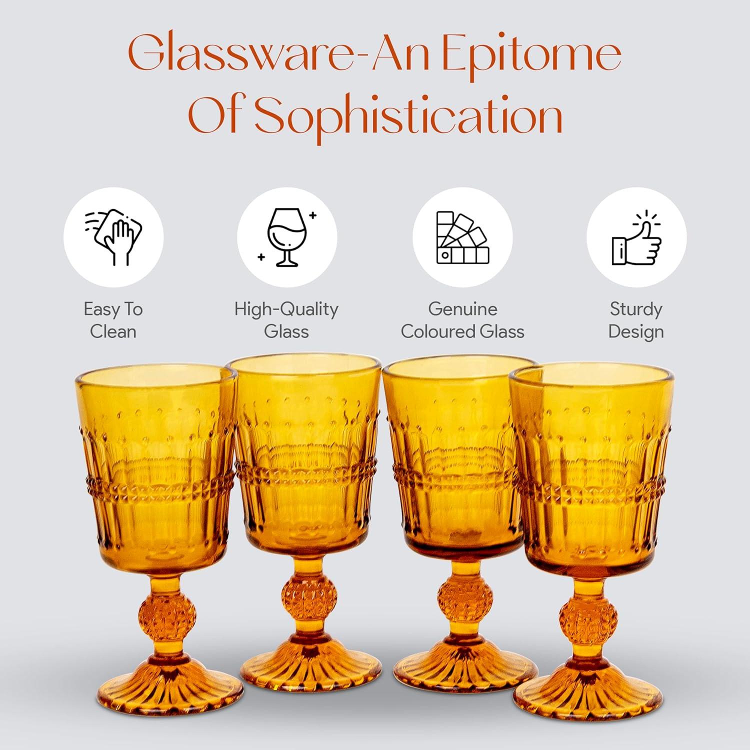 American Atelier Vintage Old Fashion 10 oz. Whiskey Glasses, Romantic Water Tumblers, Barware Glasses for Cocktails, Embossed Beaded, Set of 4, Amber