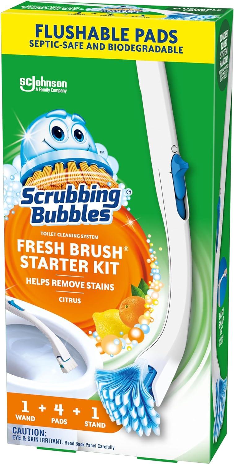 Scrubbing Bubbles Fresh Brush Starter Kit, Citrus - Toilet Cleaning System with Flushable Pads (19 Inch Handle, 4 Pads and 1 Stand)