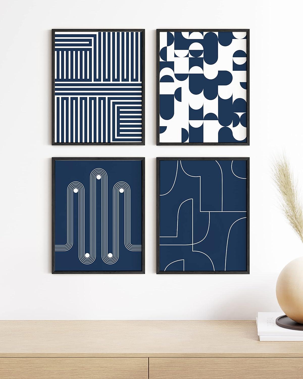 HAUS AND HUES Abstract Art Wall Decor Set of 4 - Abstract Art, Blue Art, Blue Poster, Navy Blue Abstract Art, Blue Art Print, Navy Blue Pictures for Walls, White and Blue Wall Art (Unframed 8x10)