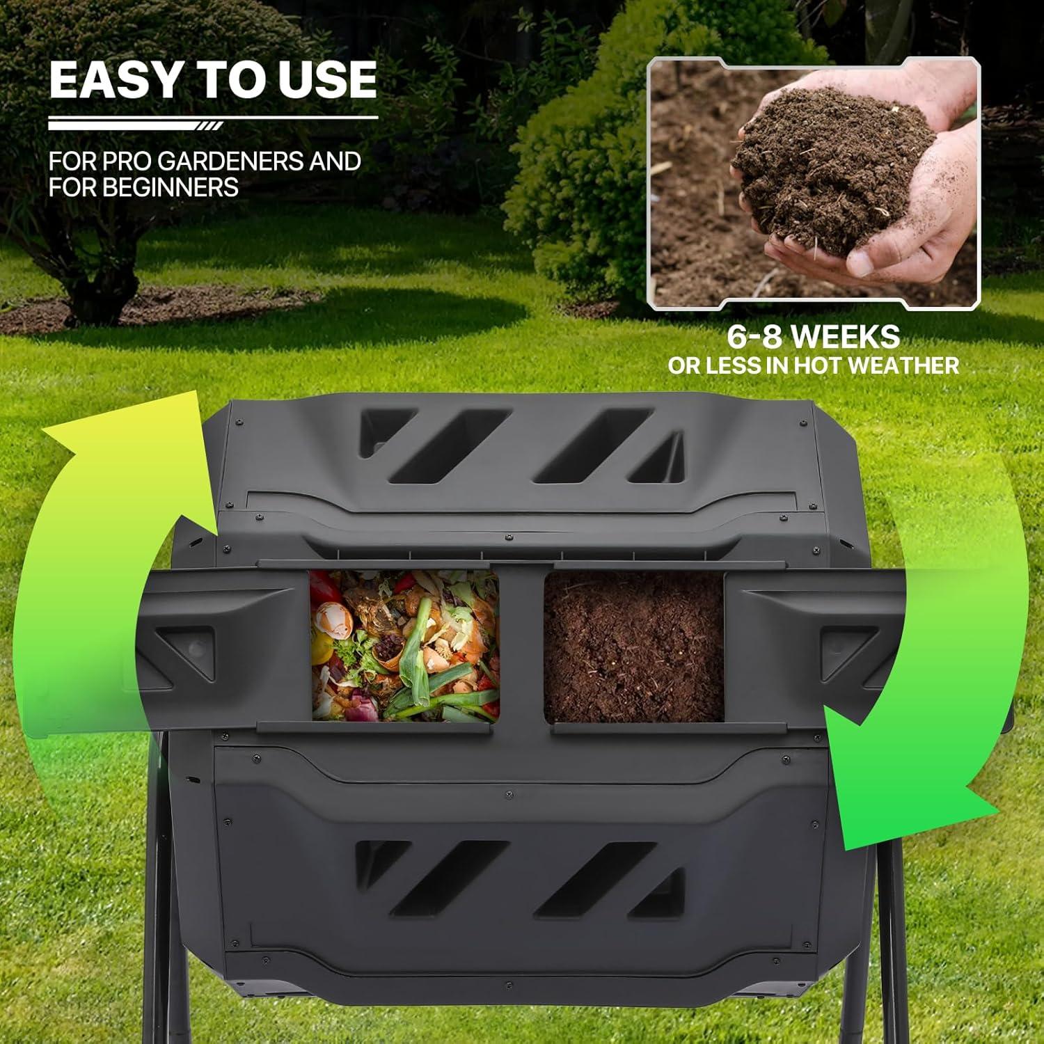 43 Gallon Dual Chamber Compost Tumbler, Tumbling Rotating Composter, with 2 Sliding Doors and Gloves