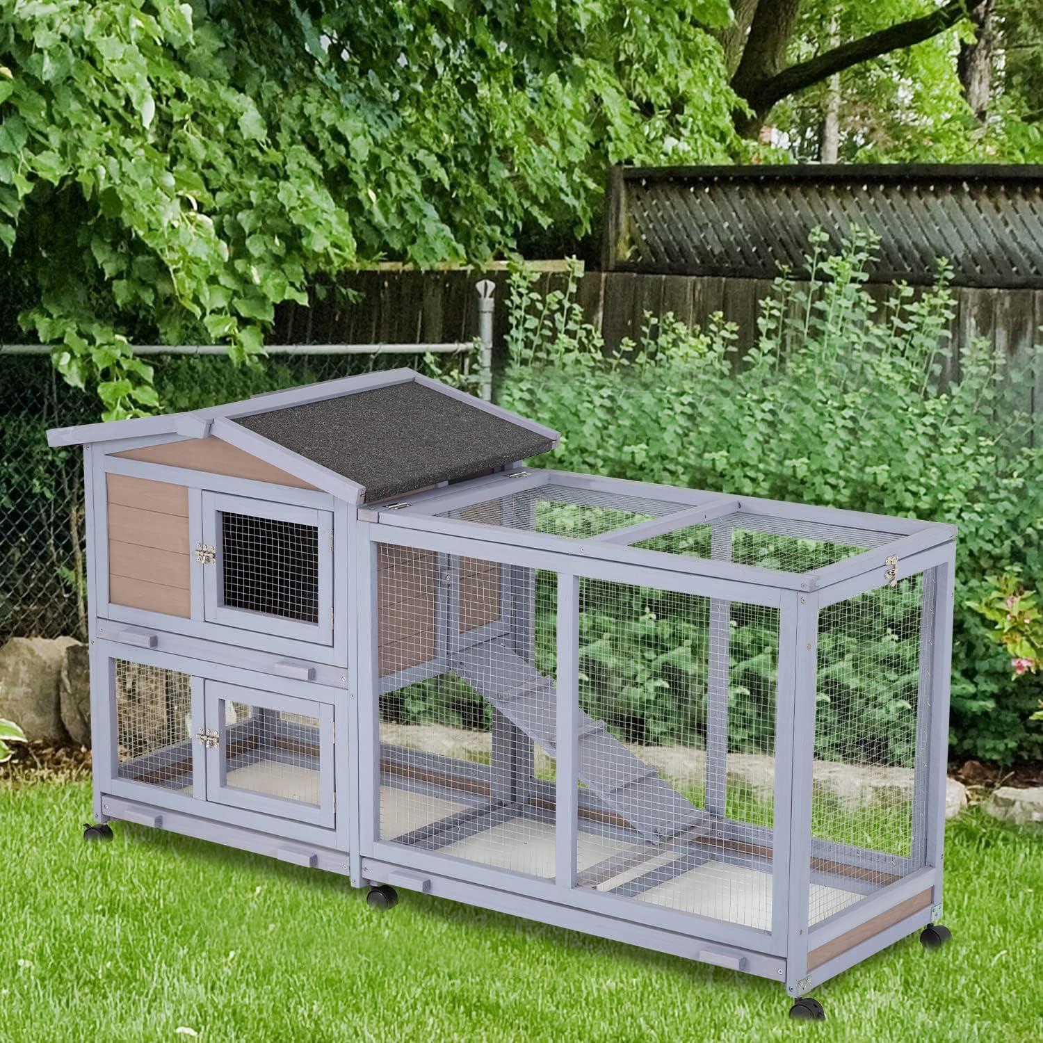 BestPet Rabbit Cage Wooden Rabbit Hutch Two Layers Chicken Coop Outdoor Indoor Guinea Pig Cage Bunny Cage Waterproof Roof Bunny Hutch with Casters and Tray