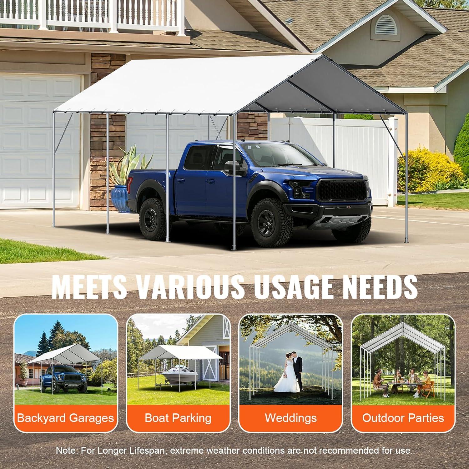 VEVOR 10 x 20 ft Carport Replacement Canopy Cover, Heavy-Duty Waterproof & UV Protected Shelter Tarp, Easy Installation with 40 Ball Bungees (Top Cover Only, Frame Not Included) - White