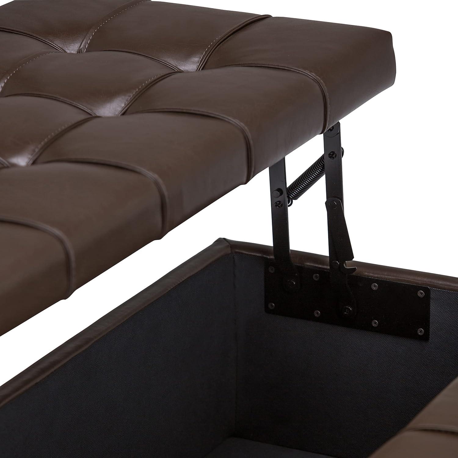 Simpli Home Harrison 36"W Upholstered Square Coffee Table Storage Ottoman with Split Lift Top