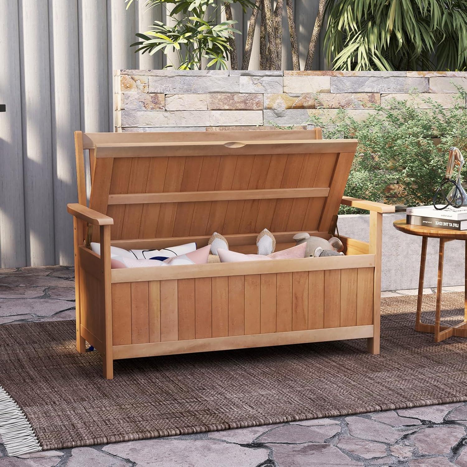 Costway 48 Inch Patio Storage Bench Wood Loveseat with Slatted Backrest for Backyard