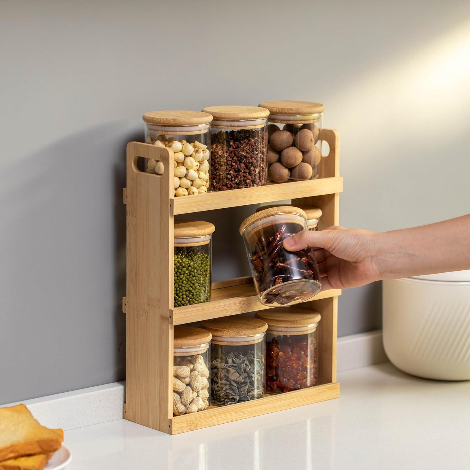 Rebrilliant Rebrilliant Versatile 3-tier Bamboo Spice Rack And Pantry Organizer With 9 Glass Jars – Perfect For Countertop Storage In Kitchens To Keep Seasoning Containers Neatly Displayed And Easily Accessible