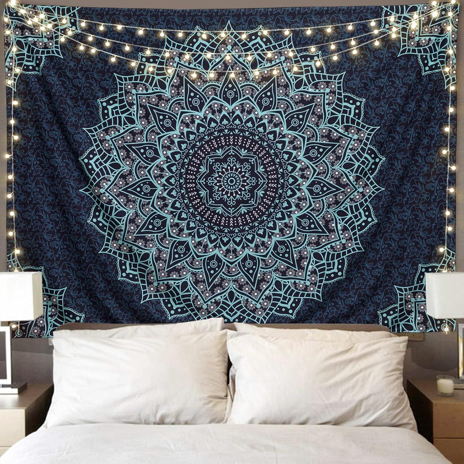 Black and Blue Mandala Polyester Tapestry Wall Hanging