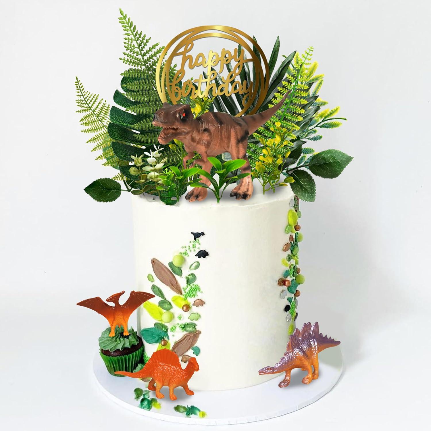 Dinosaur Cake Toppers Dinosaur Toy Artificial Plants Grass Cake Decorations for Boy Girl Kid Birthday Baby Shower Dinosaur Theme Jungle Party Supplies (Style 2)