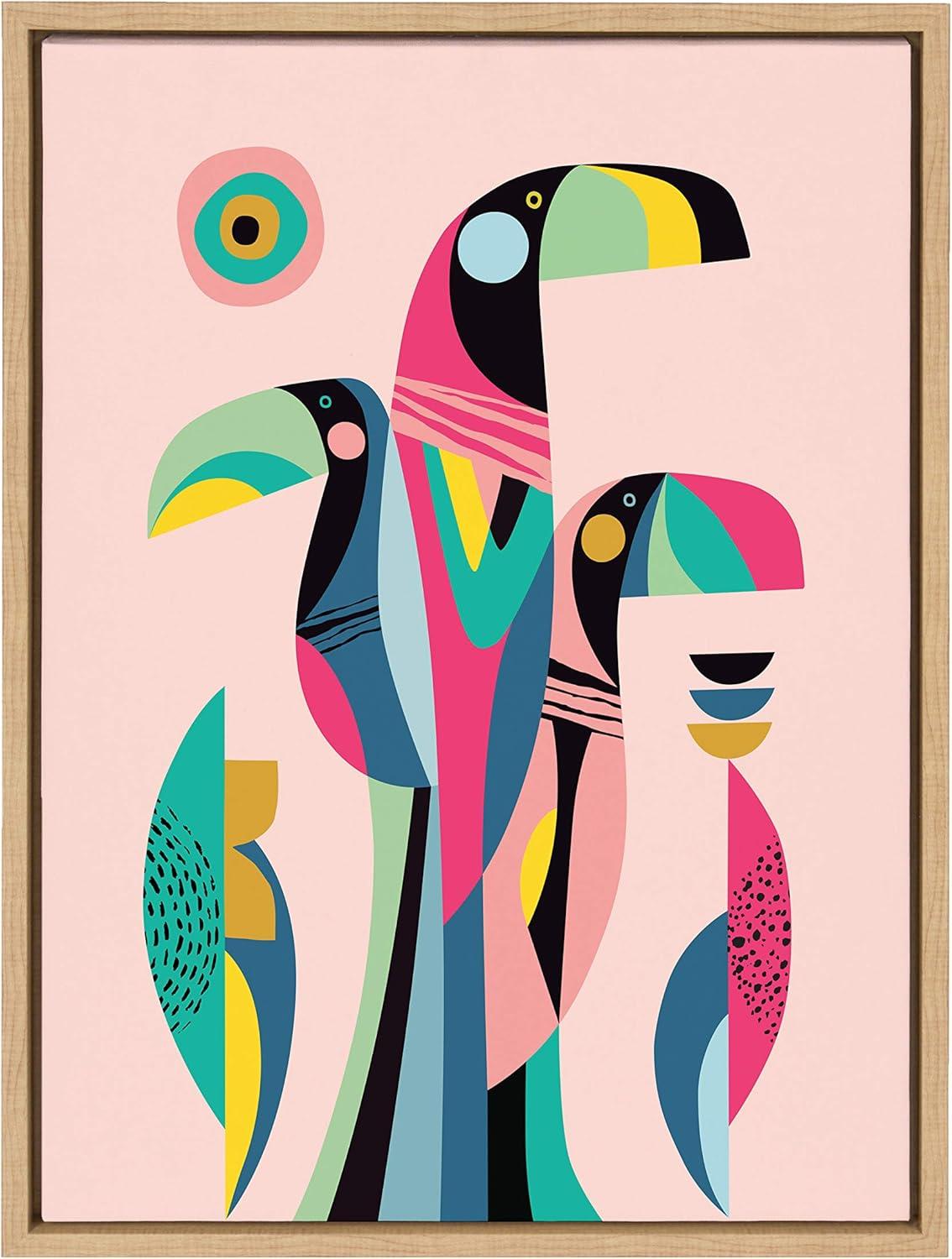 Mid Century Modern Tropical Toucan Canvas Wall Art in Natural Frame