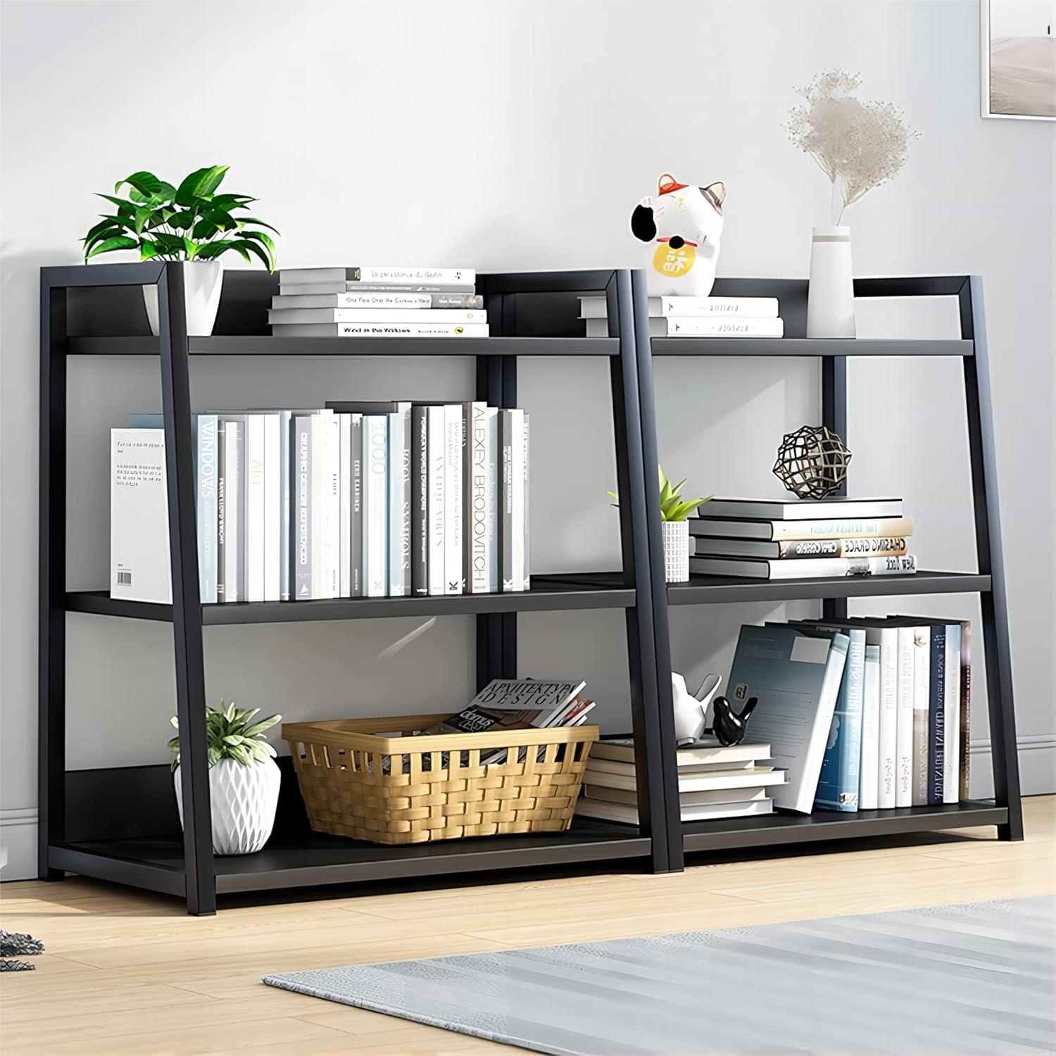 Black 3-Tier Steel and Wood Open Bookshelf