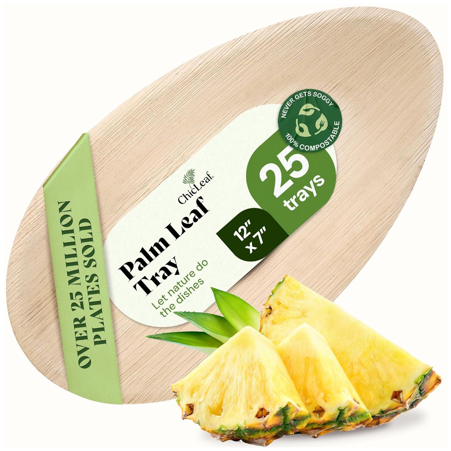 Chic Leaf Disposable Palm Leaf Trays, 17" x 12", 10 Pack, Compostable, Eco-Friendly Platters Charcuterie Board