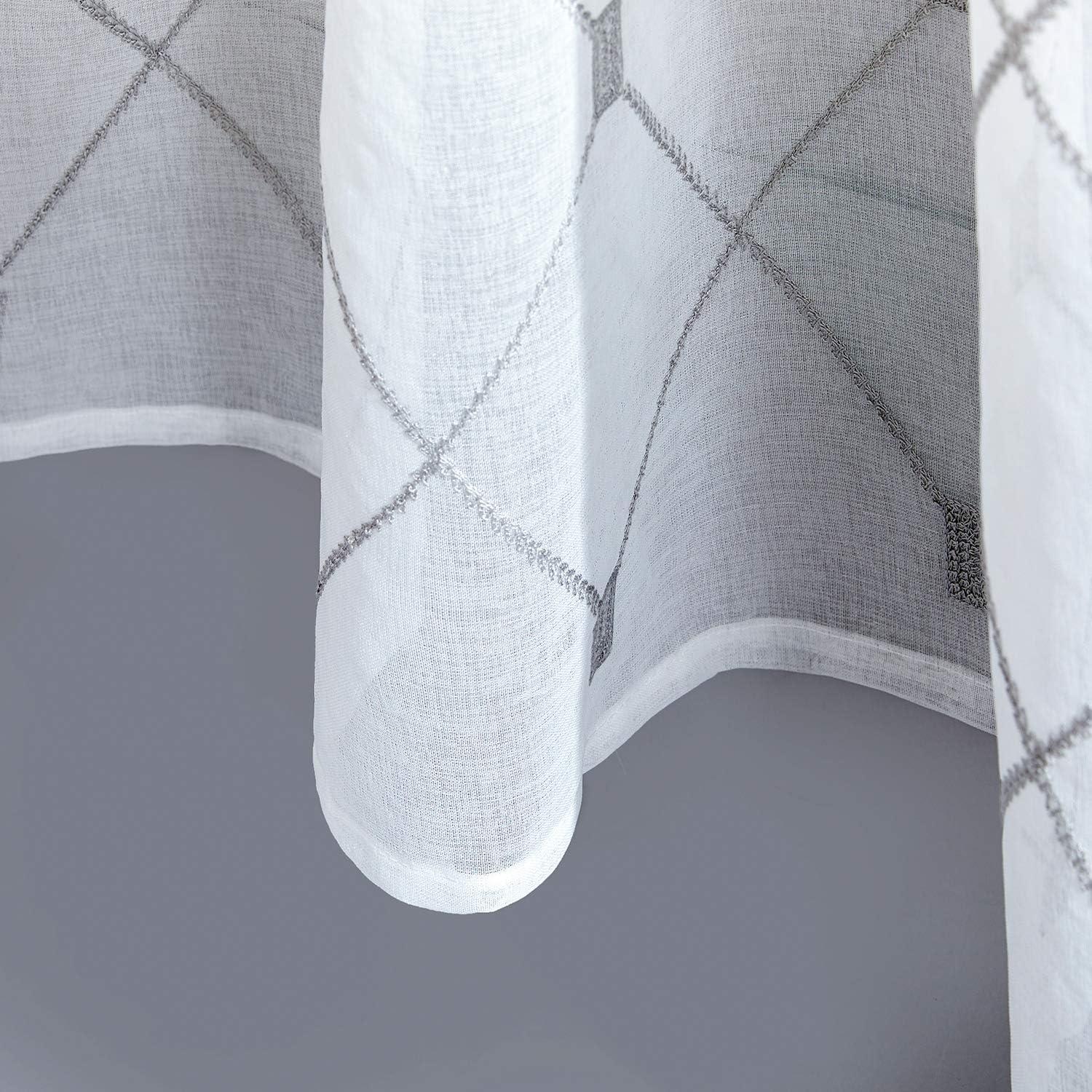 White and Grey Sheer Linen Grommet Curtain Panels