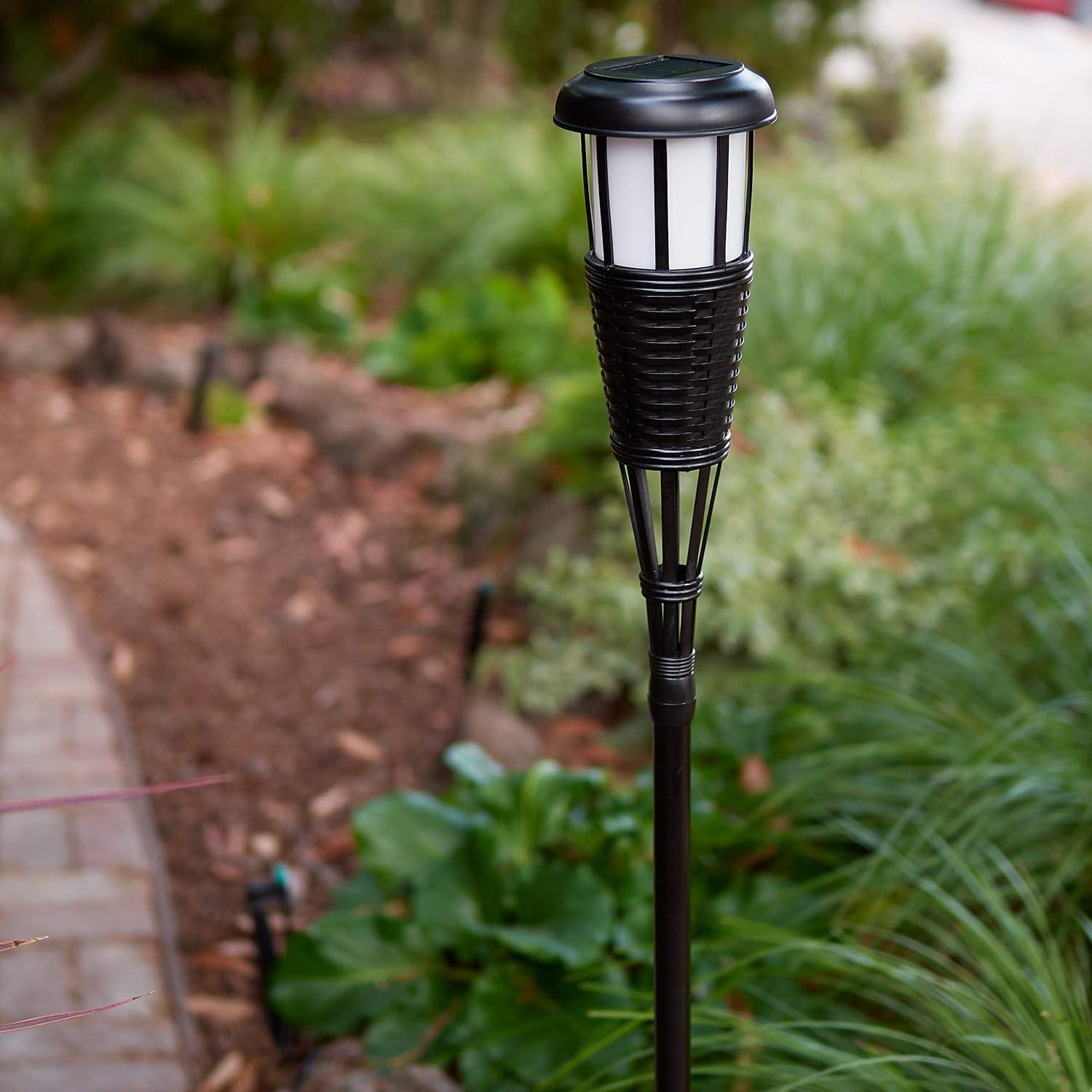 Solar Flickering LED Island Torches, Dusk-to-Dawn Dancing Flame Outdoor Landscape Lighting, Black, 2-Pack