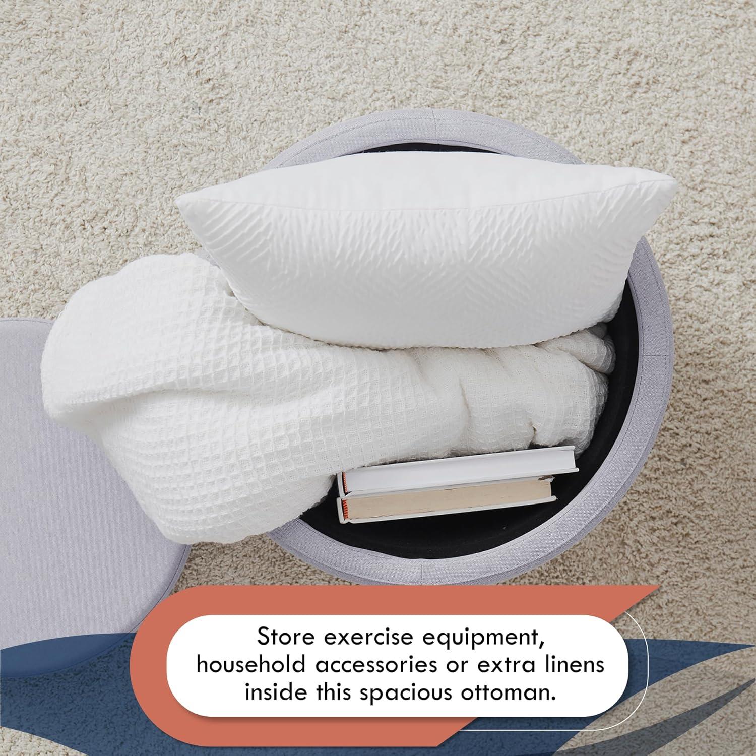 Ornavo Home Lawrence Round Storage Ottoman with Lift Off Lid and Tray Lid Coffee Table, Ottoman with Storage for Living Room, Bedroom and Office, Linen Gray