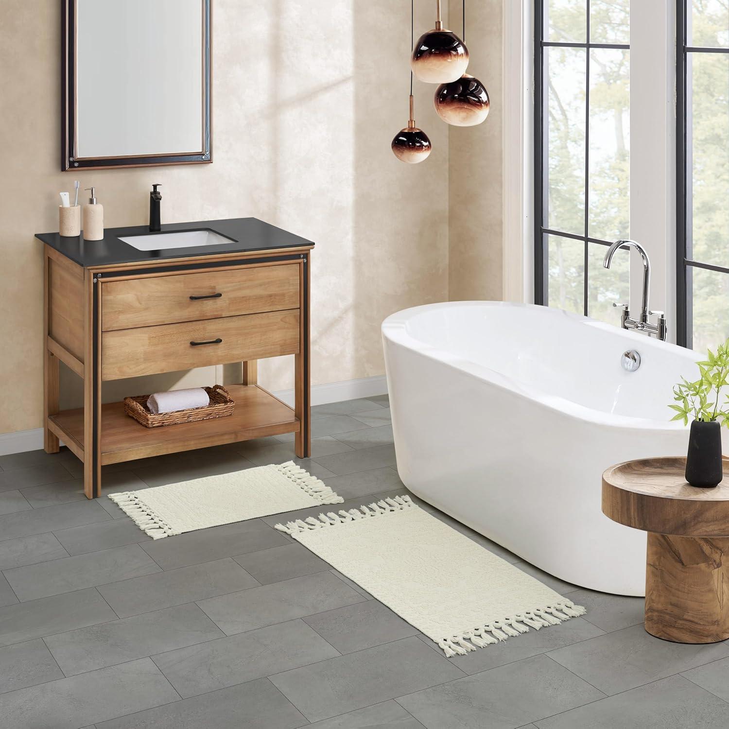 French Connection Nellore Bathroom Rugs, Set of 2 Woven and Beaded Bathroom Mats, Durable Bath Rugs, Thick Bath Mats for Bathroom and Shower Rugs, 17" x 28" and 20" x 38", Ivory