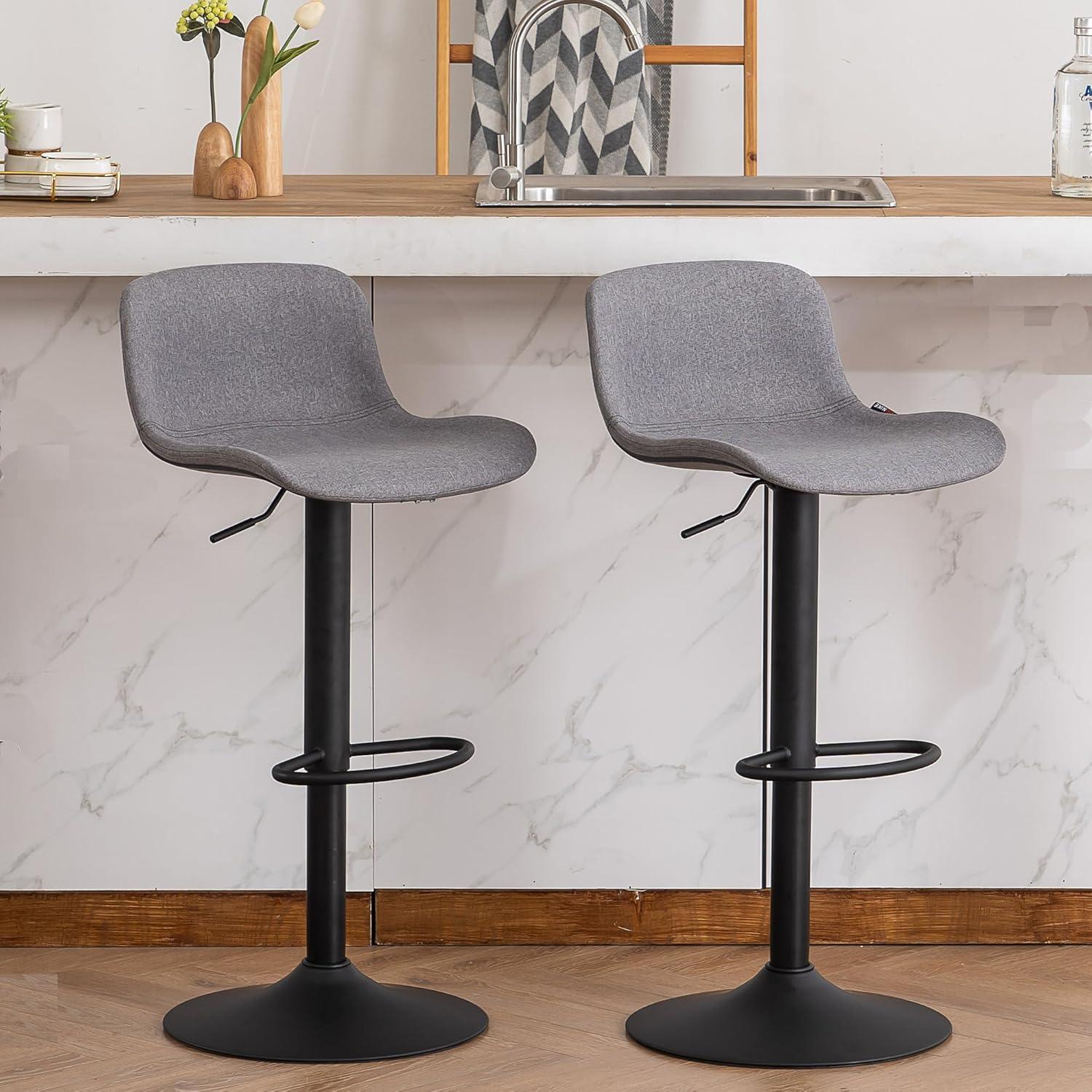 Adjustable Gray Fabric Swivel Bar Stools with Metal Base, Set of 2