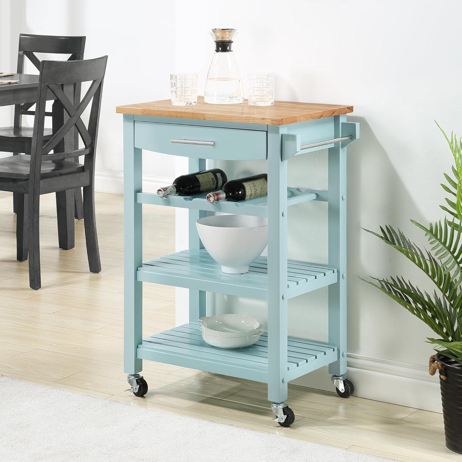 Sea Foam Blue Wood Butcher Block Kitchen Cart with Wine Rack