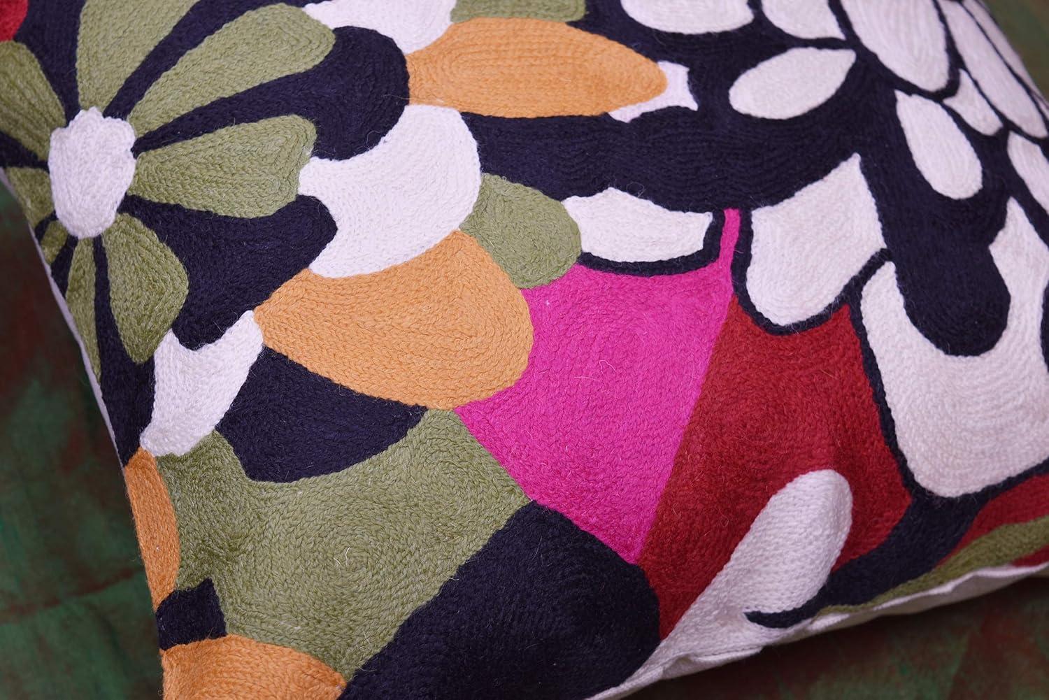 Modern Cream Decorative Floral Pillow Cover Needlepoint White Flower Hand Embroidered Pillowcase Flowery Outdoor Suzani Accent Cushion Boho Chair Modern Chair Pillowsham Wool Size 18x18