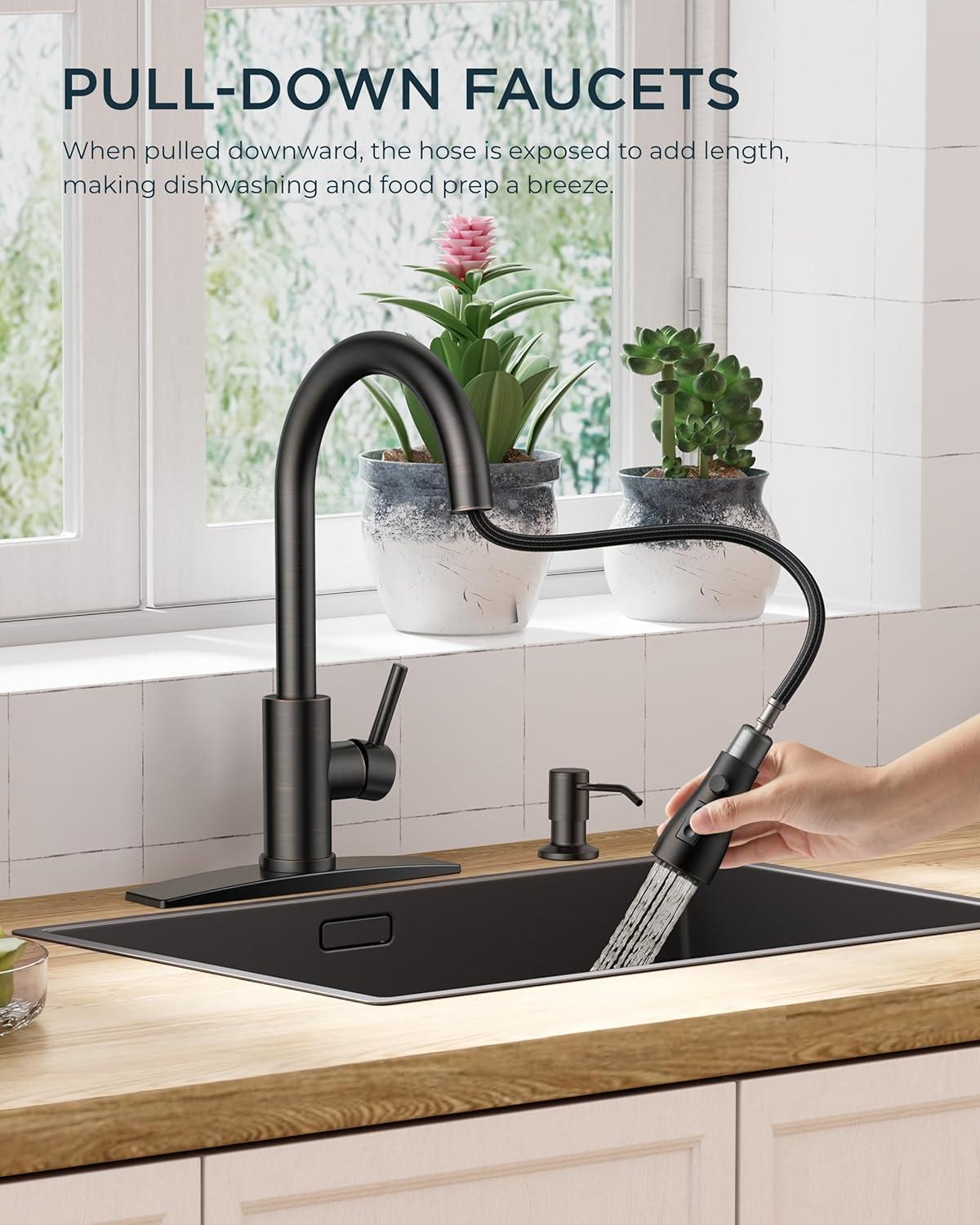 Pull Down Sprayer, Single Level Stainless Steel Kitchen Sink Faucets, Single Handle