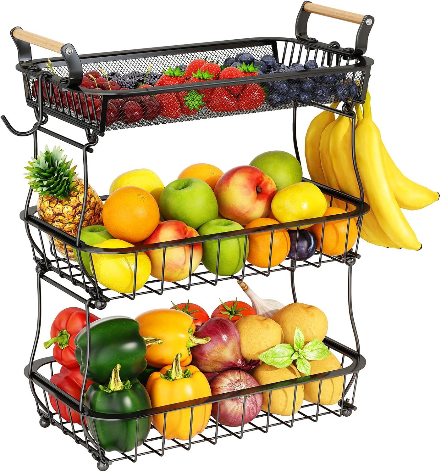 Black Metal 3-Tier Fruit Basket with Banana Hangers