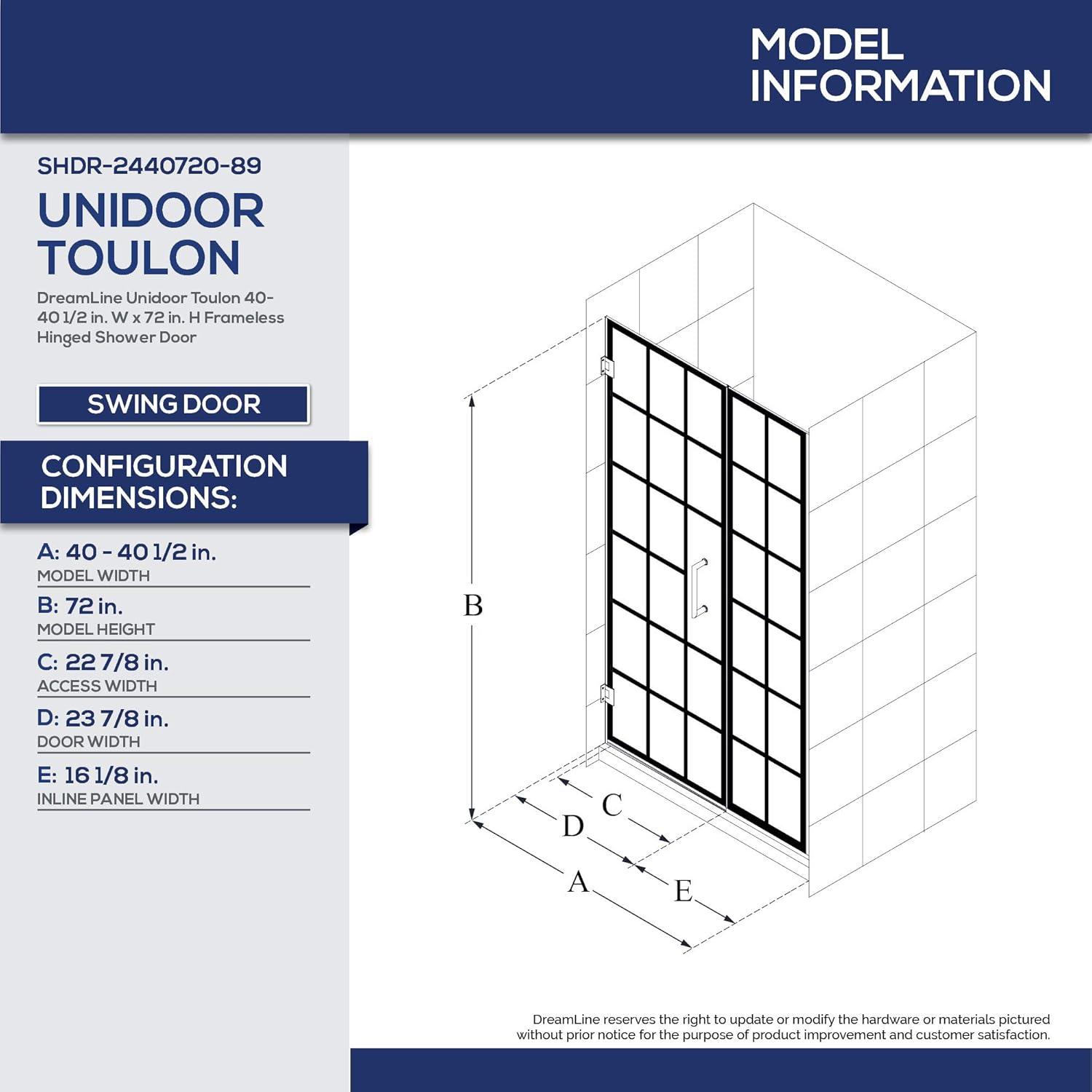 Unidoor Toulon 34" W x 72" H Hinged Frameless Shower Door