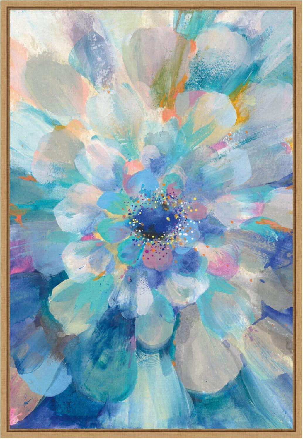 Intensity Floral II Blue and Pink Abstract Canvas Print with Maple Frame