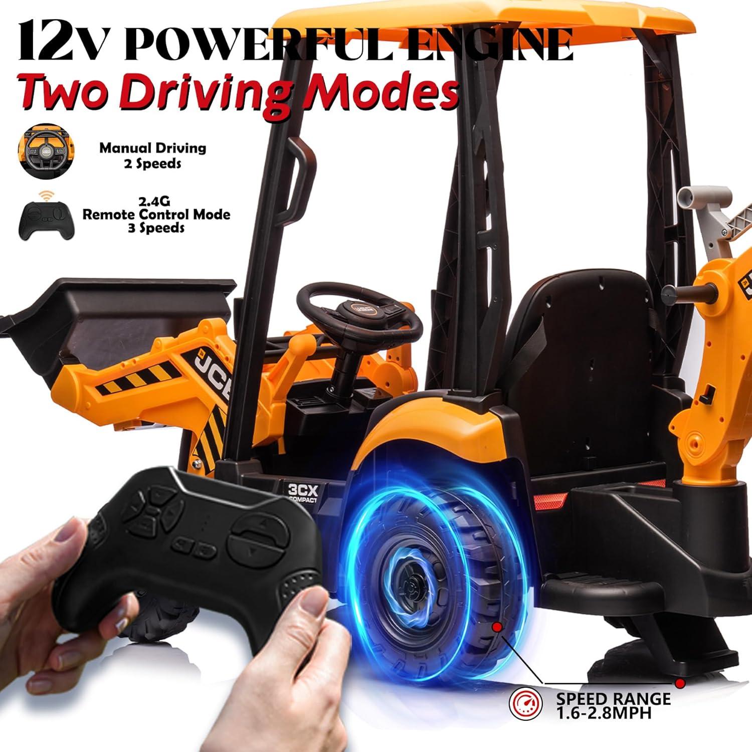 EastVita 12V Ride on Toys Tractor, Kids Ride on Car Toy Excavator Bulldozer, 12V Digger w/Trailer, Shovel Bucket, Digger, Remote Control, EVA Tires, LED Lights, Music, USB