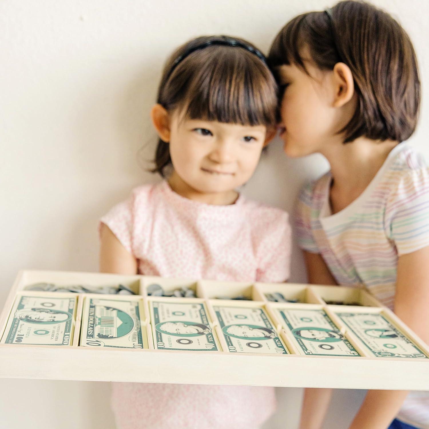 Melissa & Doug Play Money Set - Educational Toy With Paper Bills and Plastic Coins (50 of each denomination) and Wooden Cash Drawer for Storage