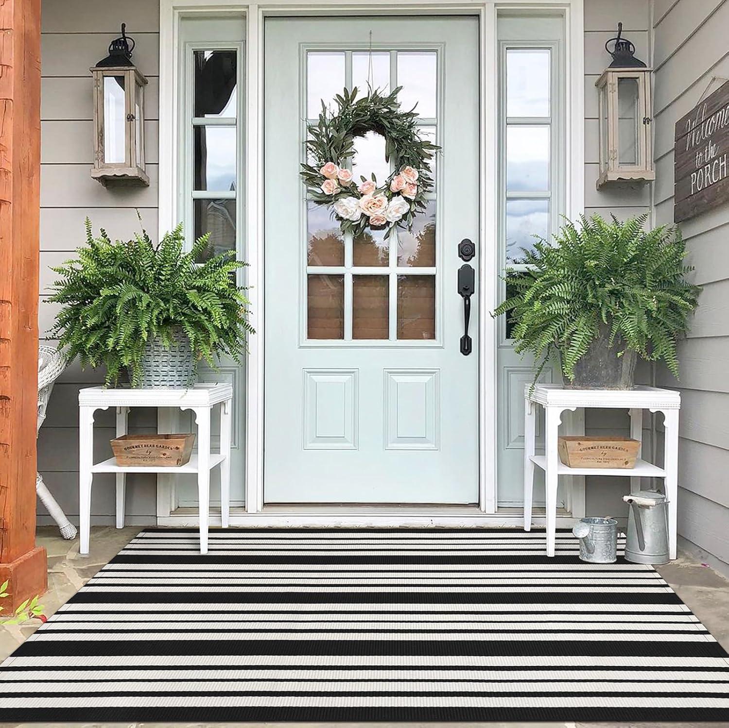 IOHOUZE Navy and White Striped Rug 2'x3' Front Door Rugs, Small Washable Area Rug for Front Porch, Spring Summer Doormats Outdoor Indoor, Cotton Rugs for Entryway Porch Entrance