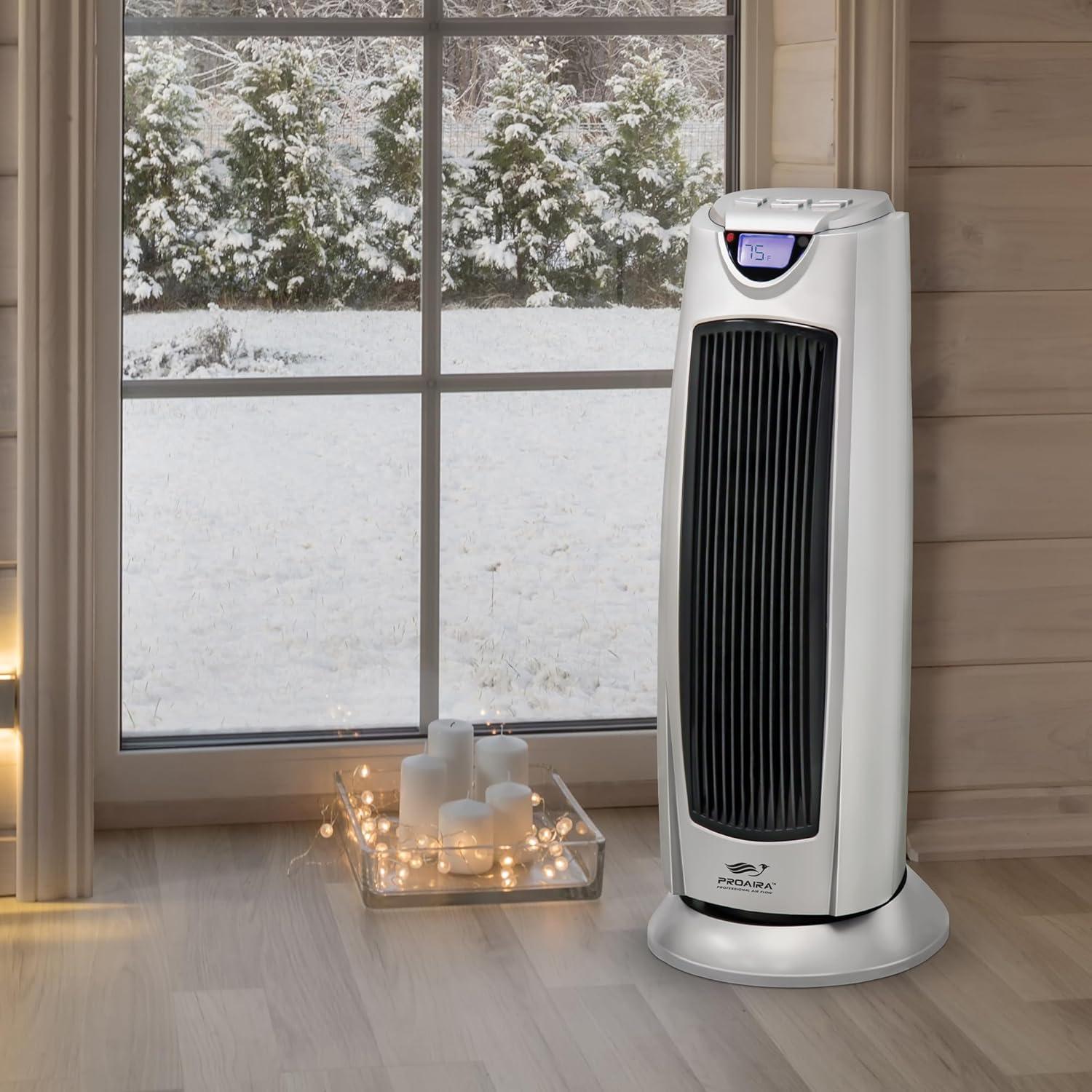 Silver Ceramic Electric Tower Heater with Thermostat and Remote