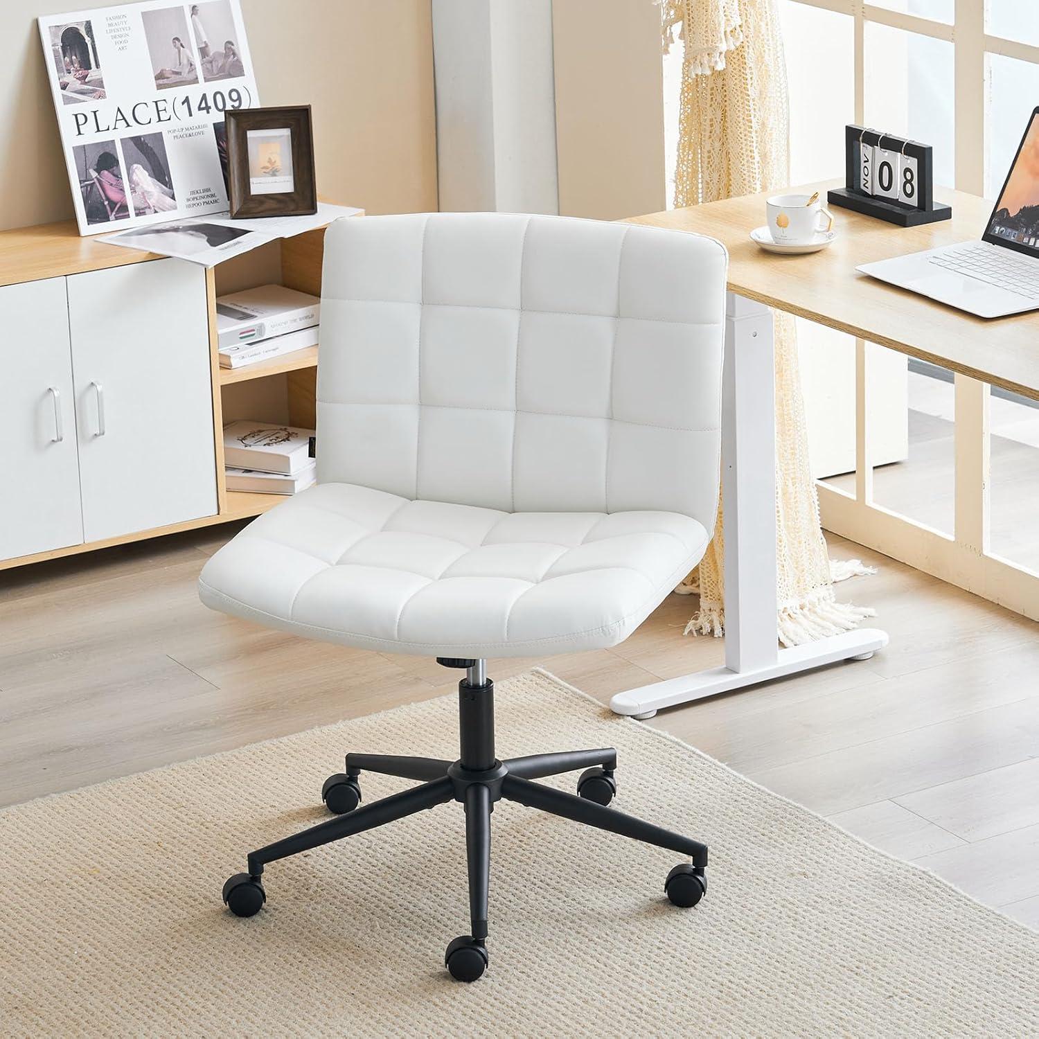 Modern Armless Home Office Chair Wide Desk Chair with Wheels Swivel Task Chair for Home Office, Bedroom. PU-Ivorywhite