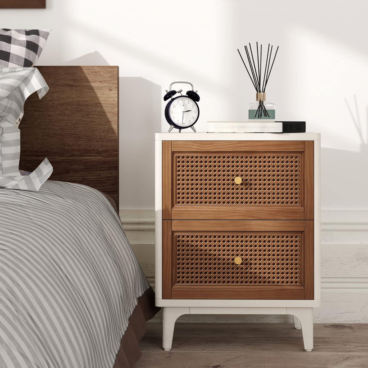 COZAYH 2-Drawer Woven Cane Front Accent Nightstand with Brass Knobs for Living Room, Hand-Scratched Aging Finish, Bedroom, White