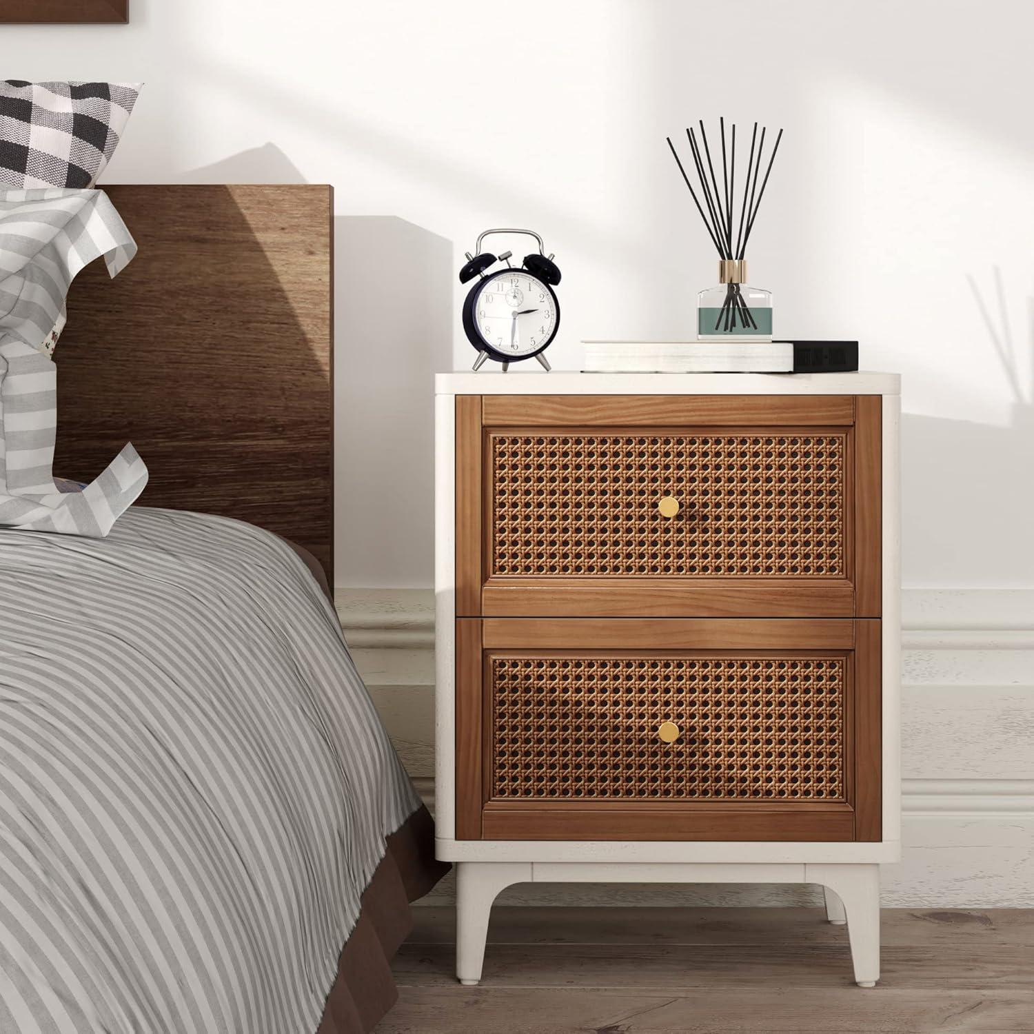 COZAYH 2-Drawer Woven Cane Front Accent Nightstand with Brass Knobs for Living Room, Hand-Scratched Aging Finish, Bedroom, White
