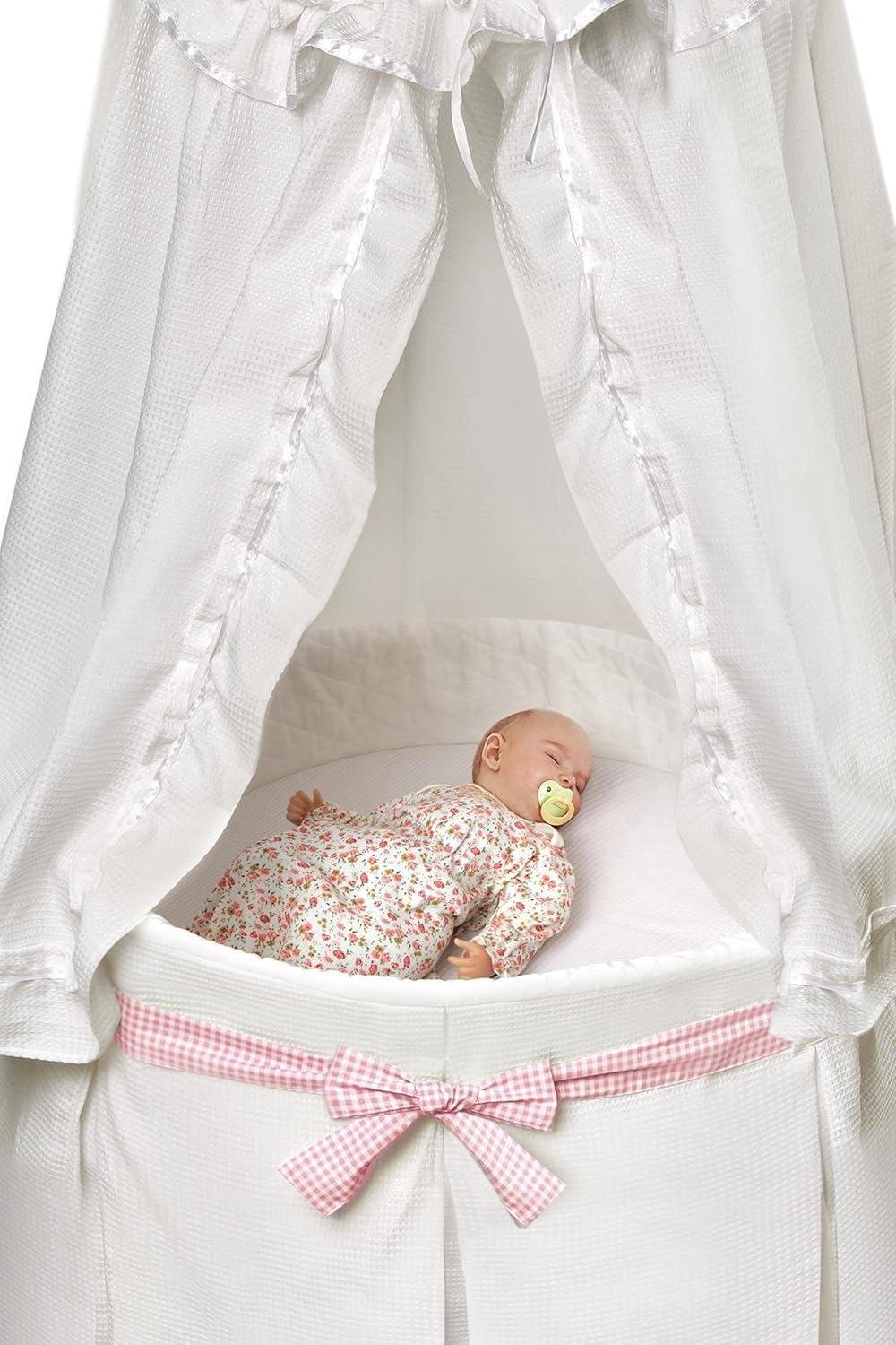Badger Basket Empress Round Baby Bassinet with Canopy - White Bedding with Gingham Belts