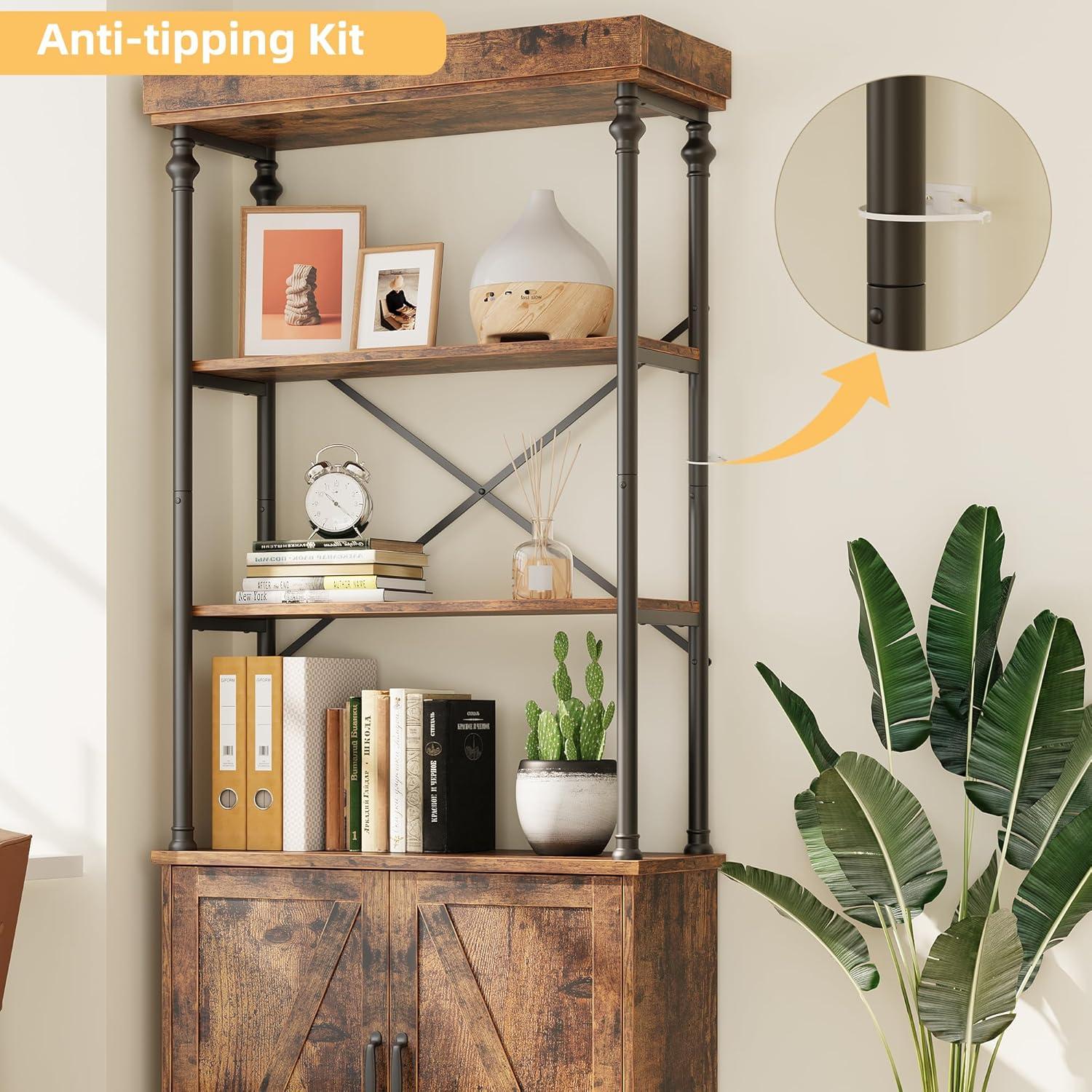 IDEALHOUSE Tall Bookshelf with Doors 73.62in Industrial Storage Open Rack Shelf with Cabinet Wood and Metal Bookcase Farmhouse Bookshelves Large Vintage Display Rack Home Office