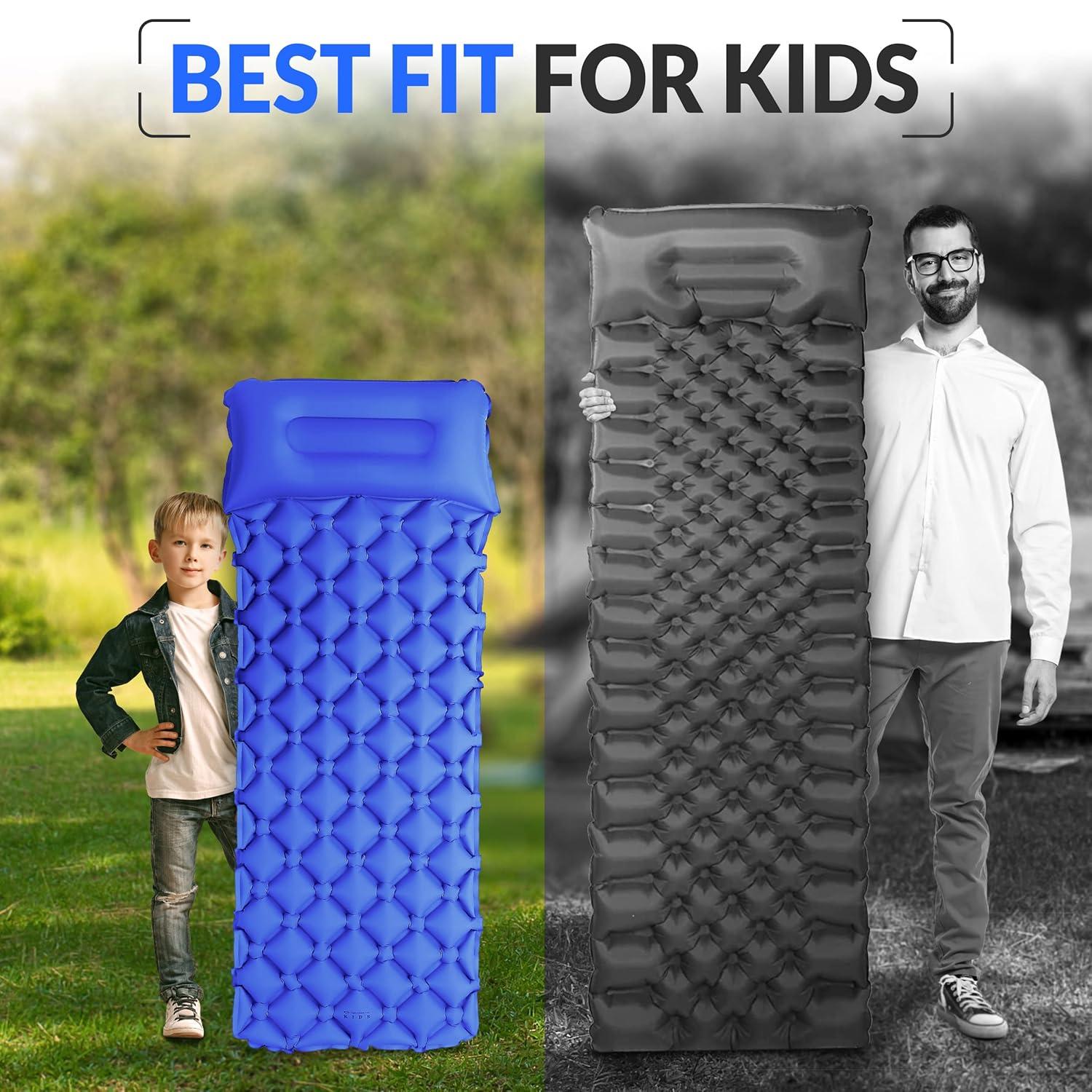 Kids Sleeping Pad for Camping and Sleepovers with Pillow, Inflatable Camping Mattress for Backpacking & Travel, Thick Toddler Cot Mat, Fast Inflating Camping Sleeping Pads for Kids