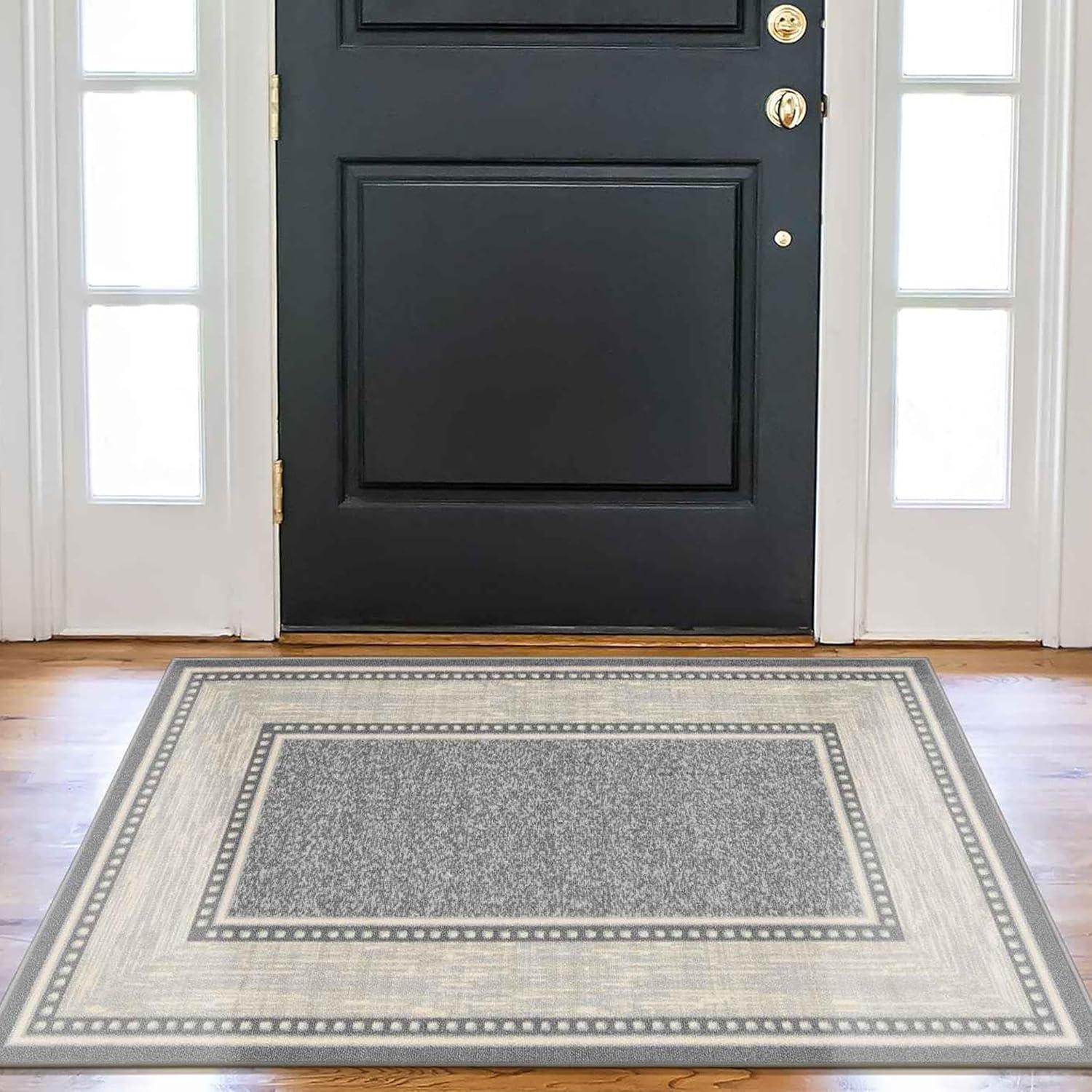 Ottomanson Machine Washable Non-Slip Rubberback Bordered 3x5 Indoor Area Rug, 3'3" x 5', Light Gray