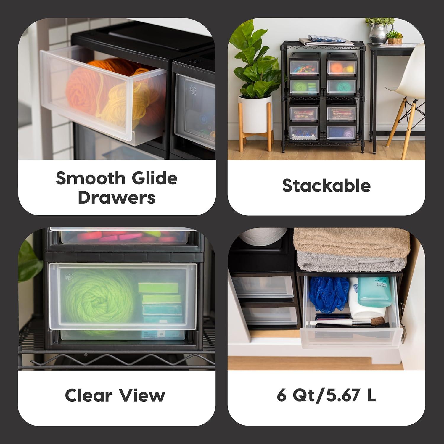 IRIS USA 6 Qt. Stackable Storage Drawer,8 Pack, Plastic Drawer Organizer with Clear Doors for Pantry, Black