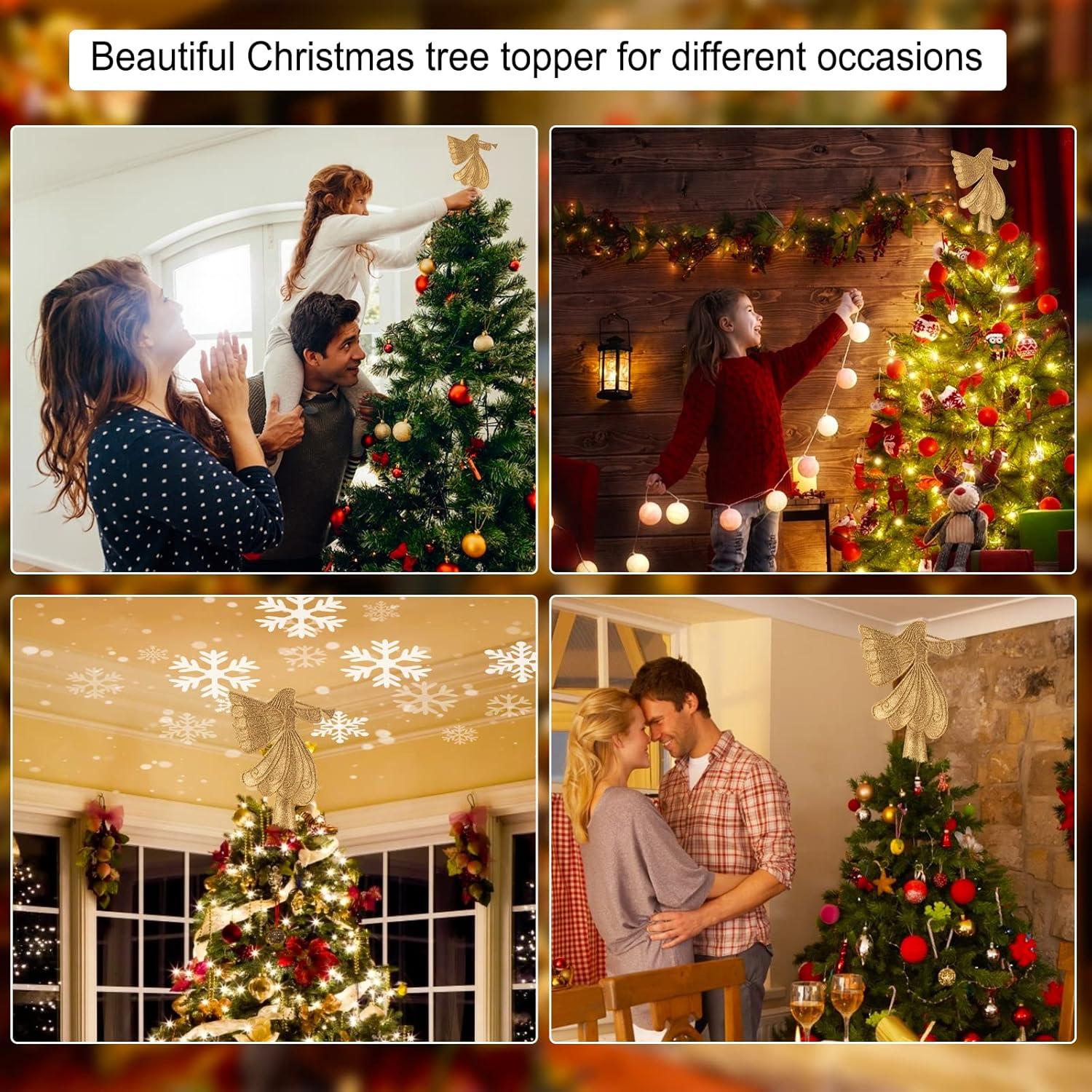 HESHENG Christmas Star Tree Topper with Built-in Led Snowflake Projector Lights Hollowed Pentagram Tree Topper, Plug in Christmas Tree Ornament for Xmas New Year Holiday Decoration