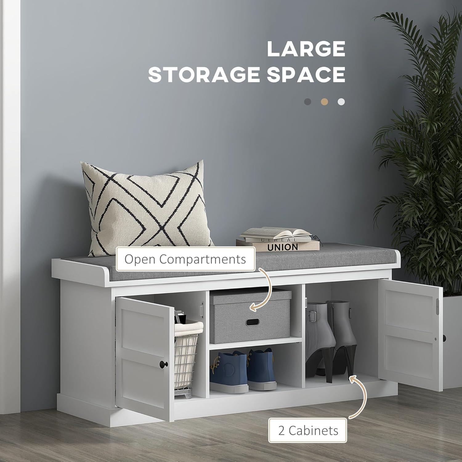 White MDF Shoe Storage Bench with Gray Cushion and Cabinets