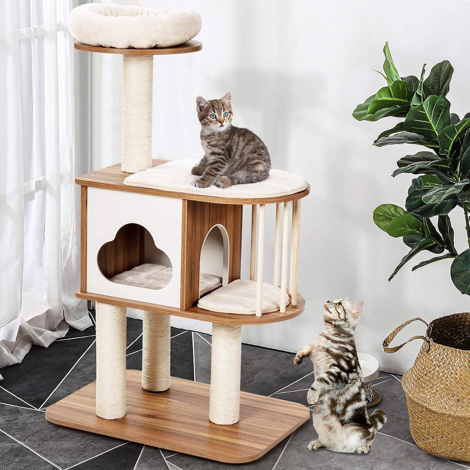 Archie & Oscar™ 46" Modern Wooden Cat Tree With Platform & Washable Cushions For Kittens & Cats