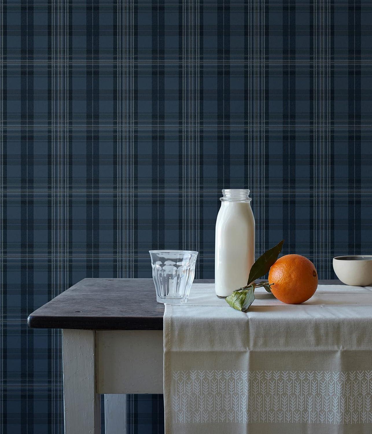 Austin Navy Blue and Light Blue Plaid Prepasted Wallpaper