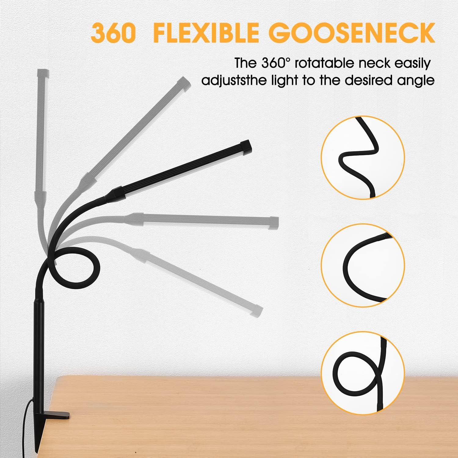 LED Desk lamp with Clamp, Eye-Caring Clip on Lights for Home Office, 3 Modes 10 Brightness, Long Flexible Gooseneck,Metal