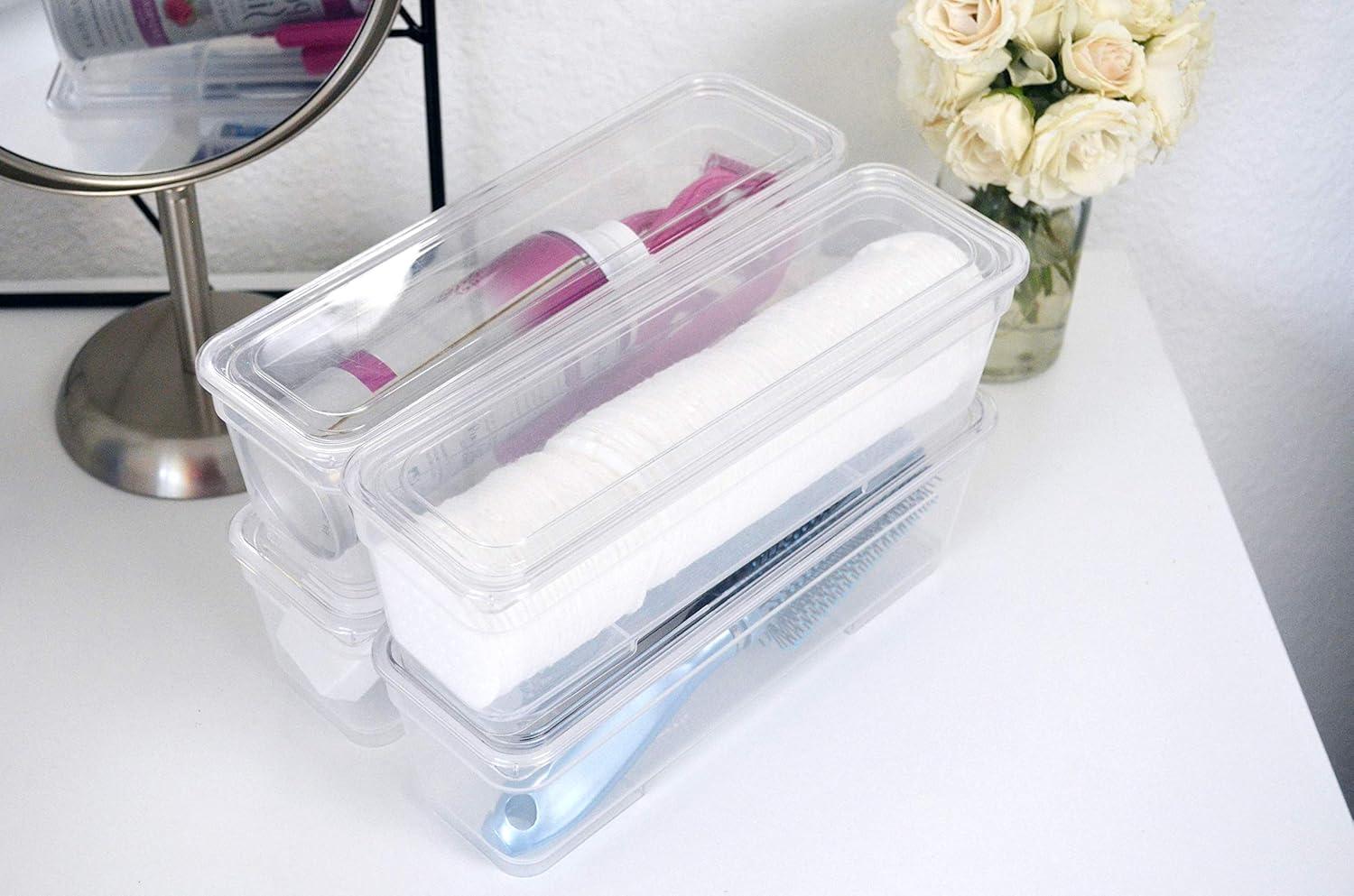 AB Designs Bin Pack, [6] Long Home Organizer Storage Boxes with Lids, Translucent Clear