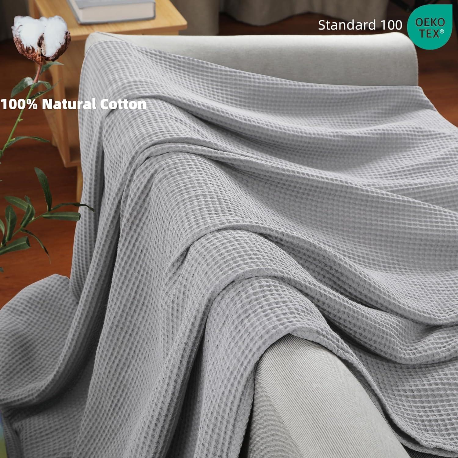 Shunjie.Home 100% Cotton Waffle Bed Blanket Queen Size, Throw Blanket for Couch All Seasons (Silver Grey, 90x90)