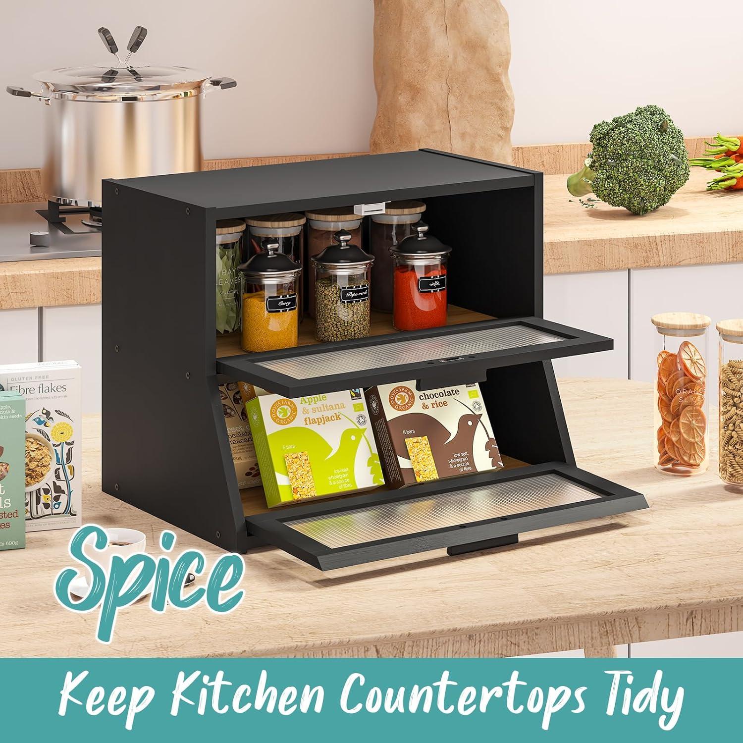 Black Large Bread Box for Kitchen Counter, Bamboo Wooden Double Layer Large Capacity Bread Storage Bin with Acrylic Wavy Door Panel (Black)